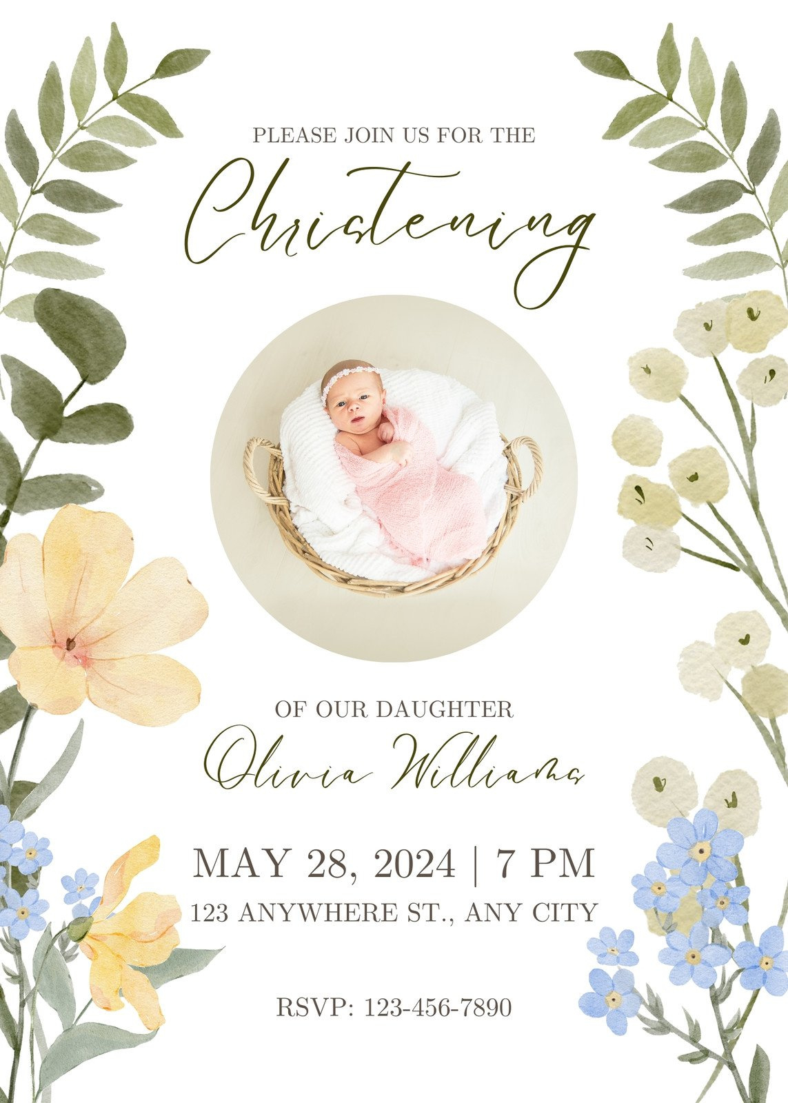 Green And White Watercolor Baptism Invitation inside FREE Printable Baptism Invitations Templates