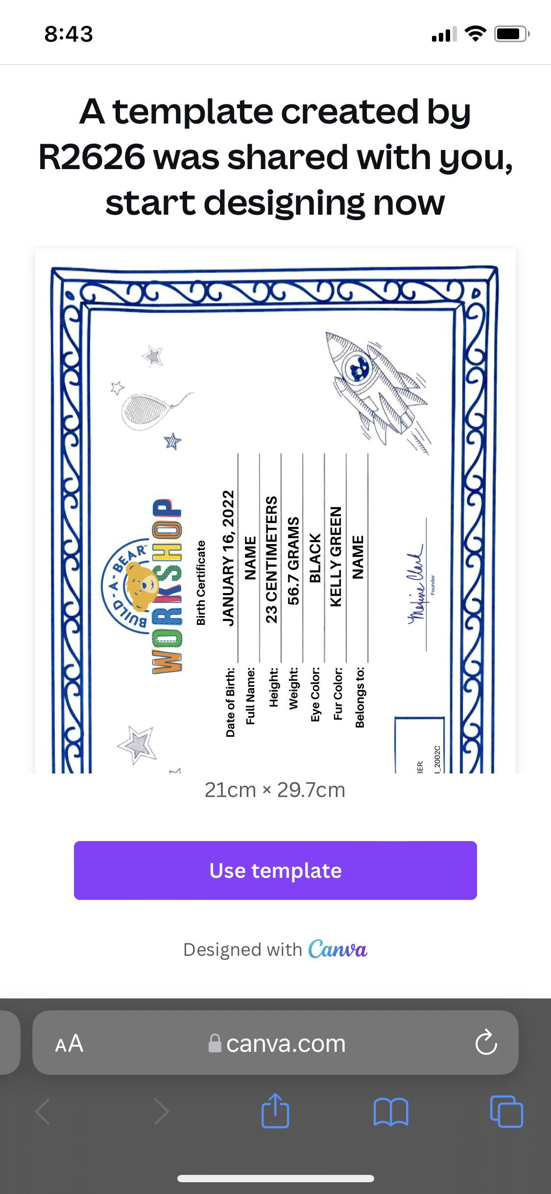 I Made A Birth Certificate Template On Canva For My Thrifted Bears intended for Free Printable Build A Bear Birth Certificate Template