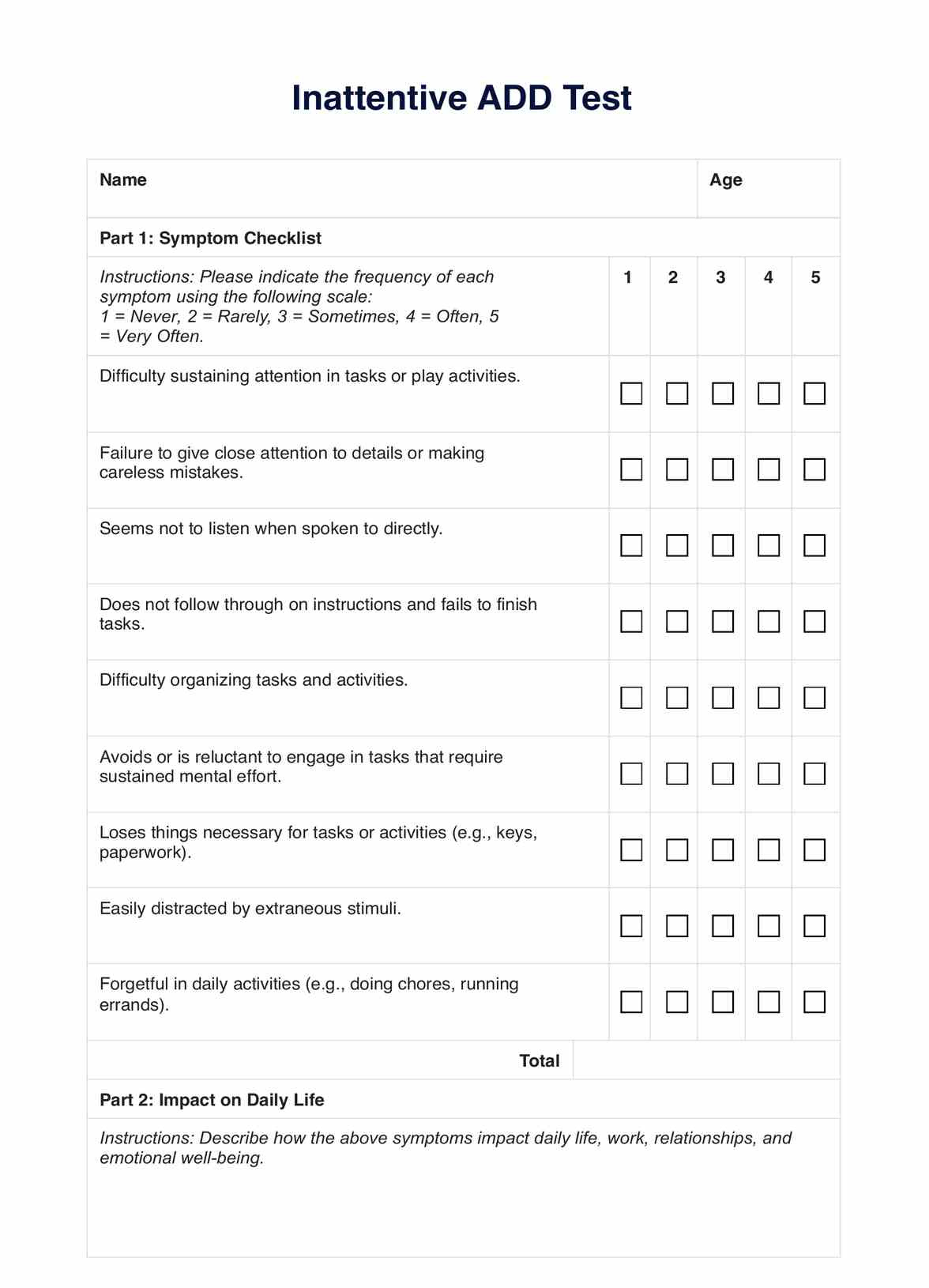 Inattentive Add Test throughout Free Printable Attention To Detail Test