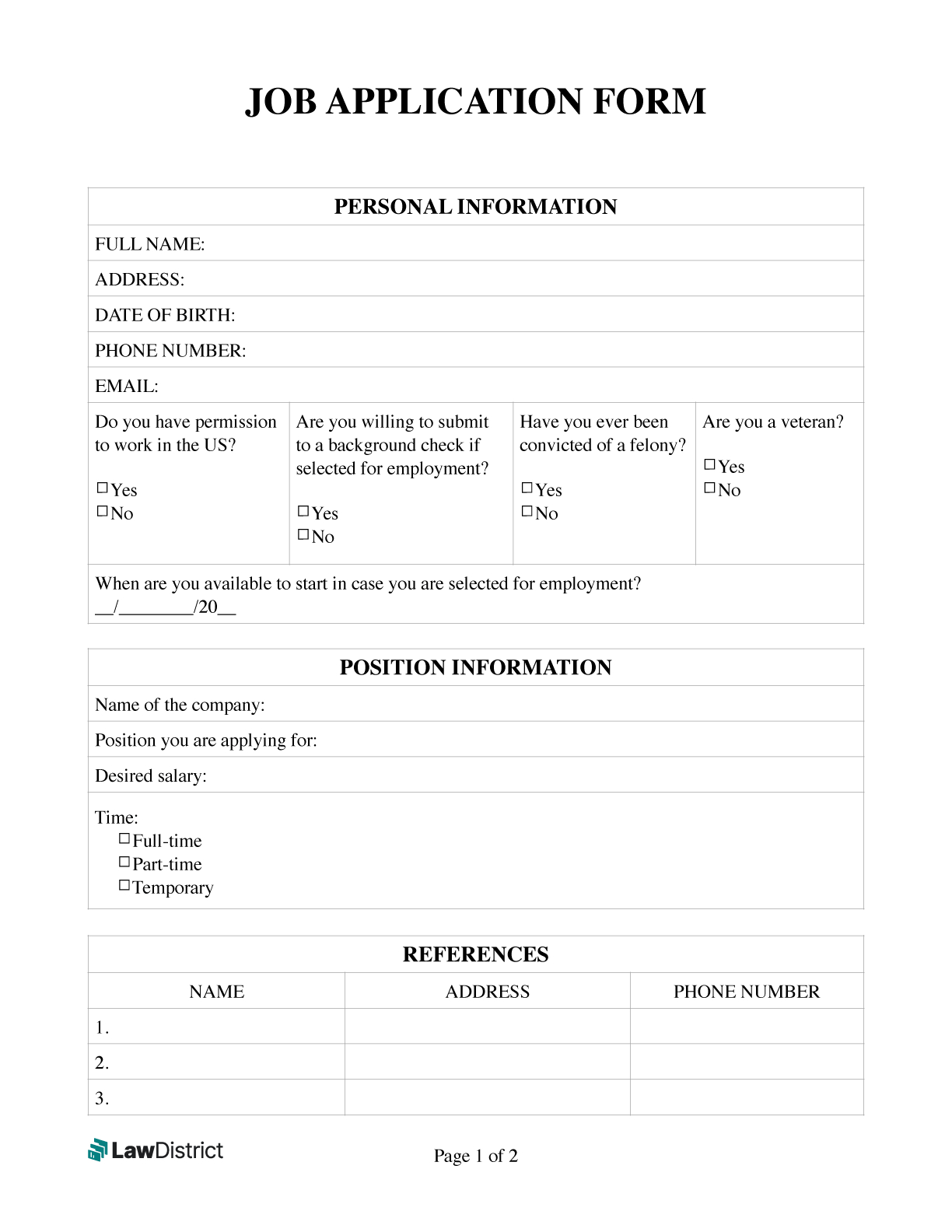 Job Application Form | Free Simple Pdf Template | Lawdistrict regarding Free Printable Basic Job Application Form