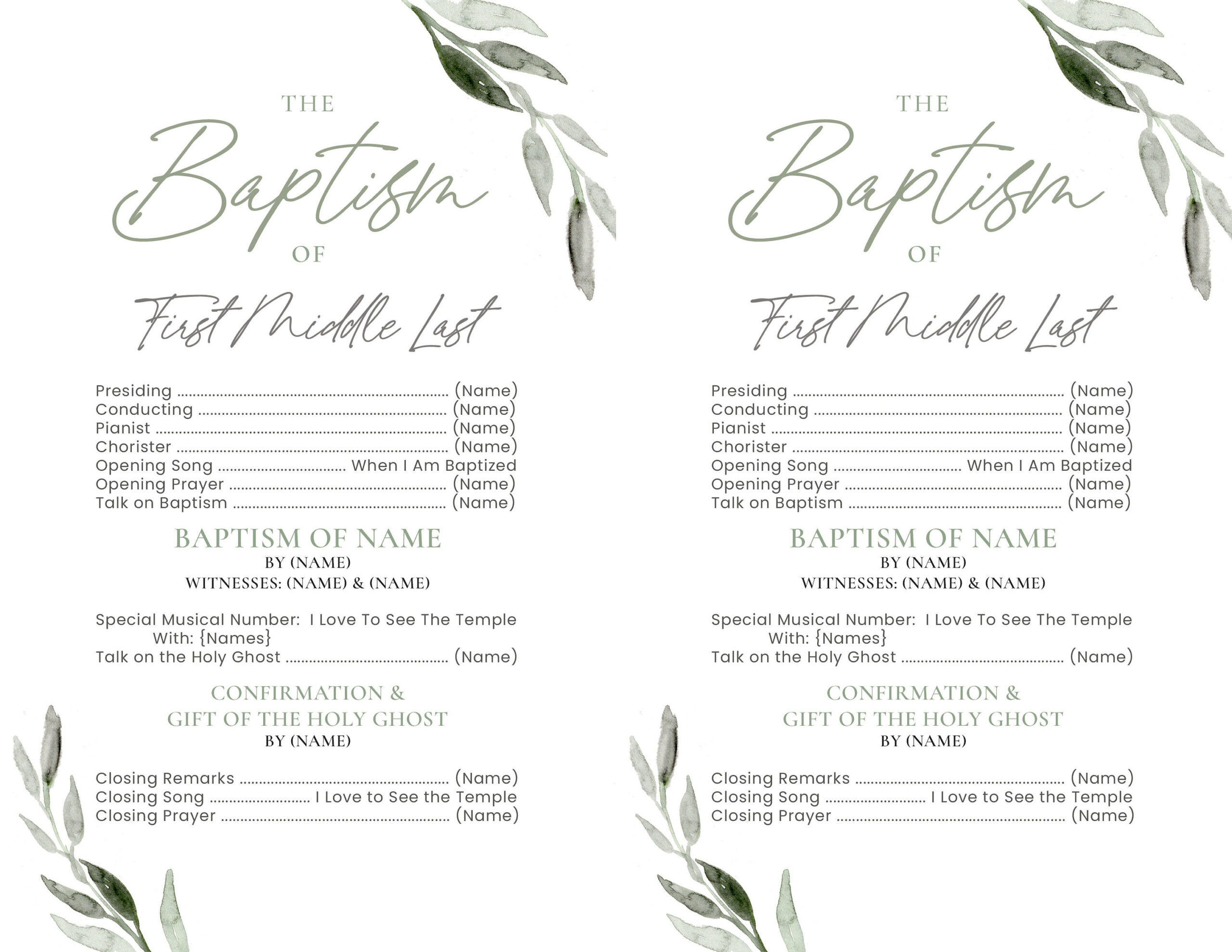Lds Baptism Program: Editable Olive Branch Half Sheet (Digital regarding FREE Printable Baptism Program Template