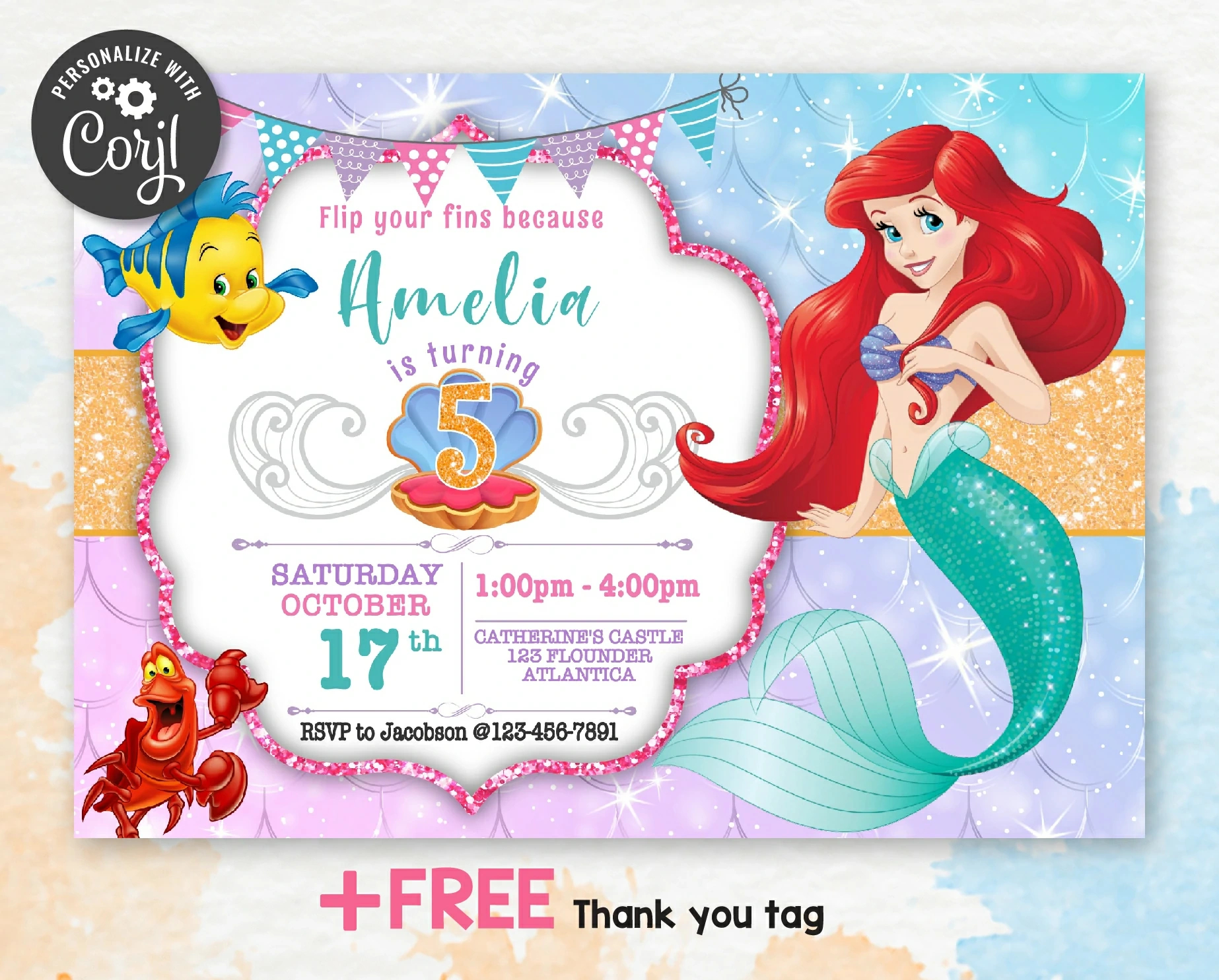 Little Mermaid Birthday Party Invitations | Free Thank You Tag for Free Printable Ariel Birthday Invitations