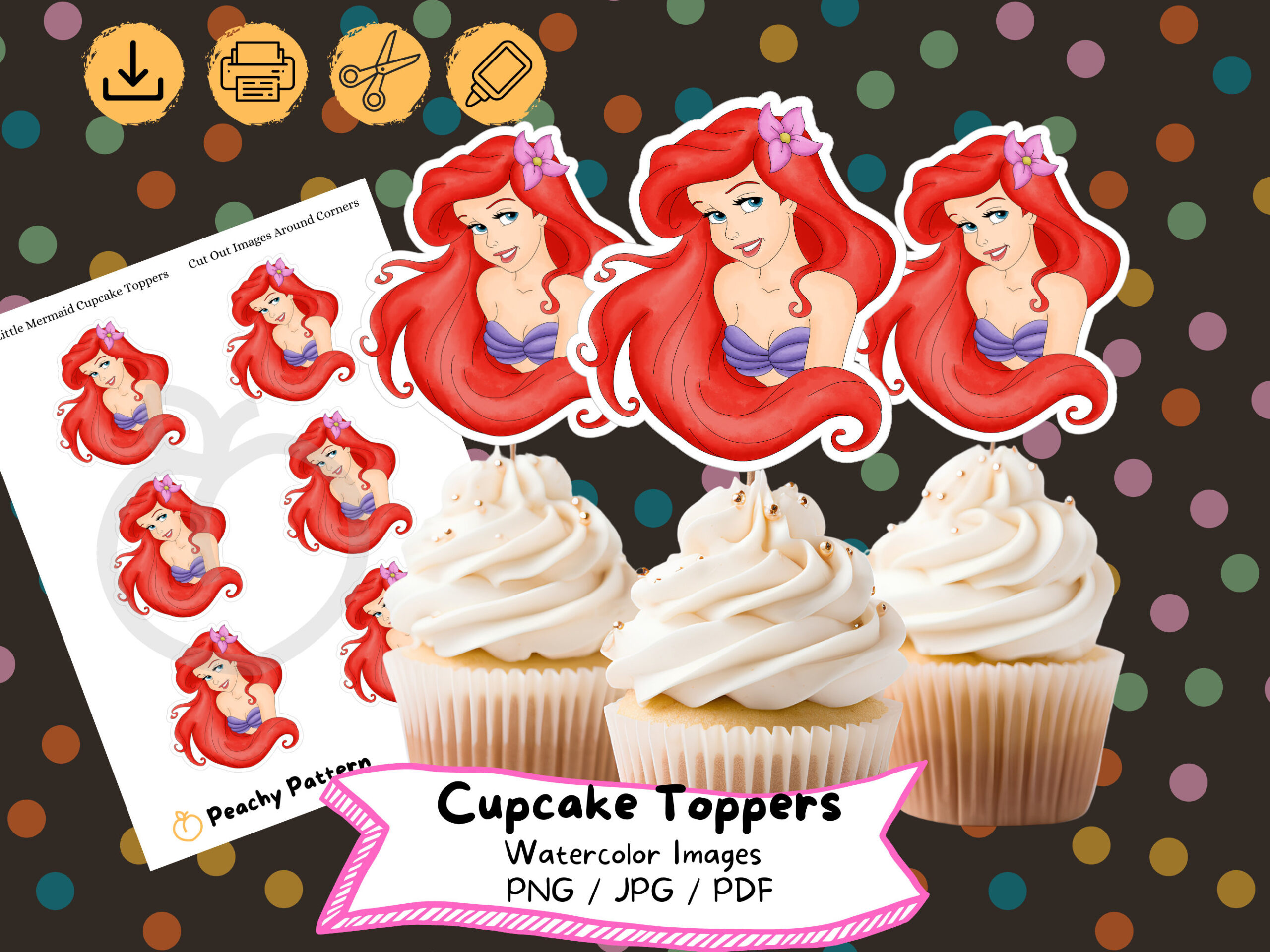 Little Mermaid Watercolor Cupcake Topper, Digital Download, Cake pertaining to Free Printable Ariel Cupcake Toppers
