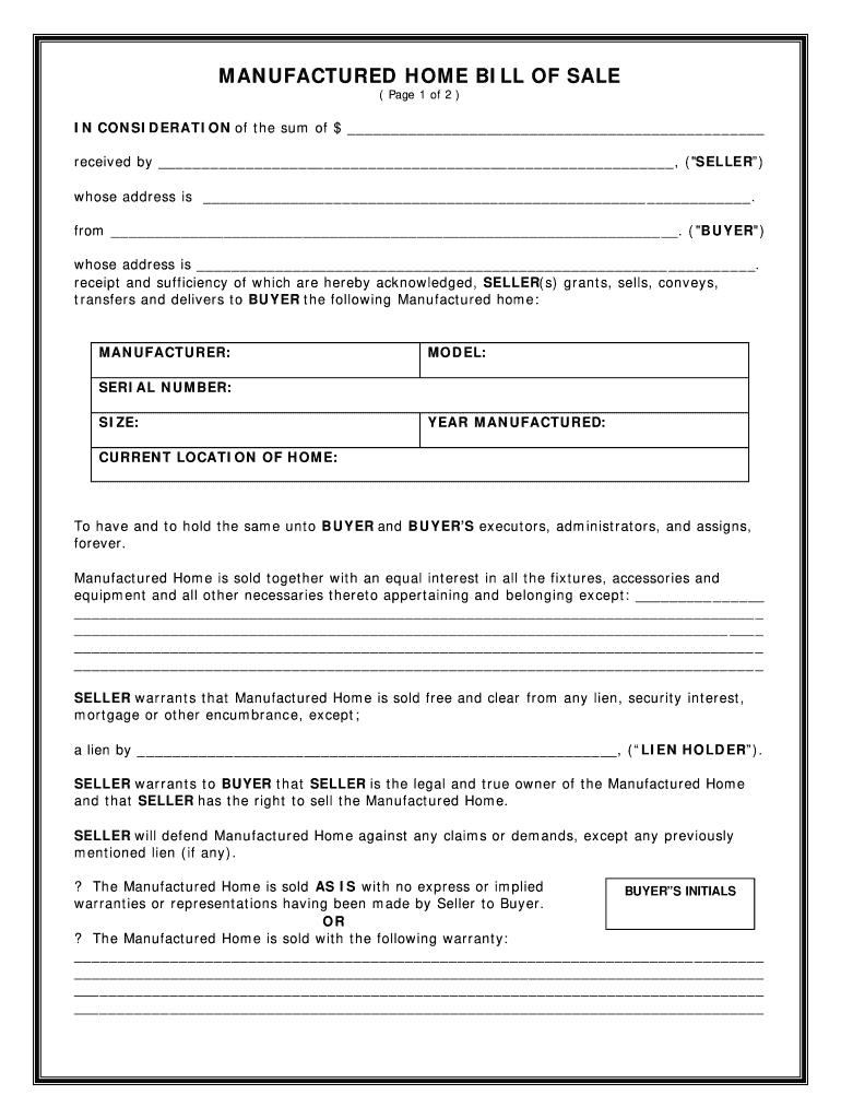 Manufactured Home Bill Of Sale Form - Fill Online, Printable in FREE Printable Bill of Sale Form For Mobile Home