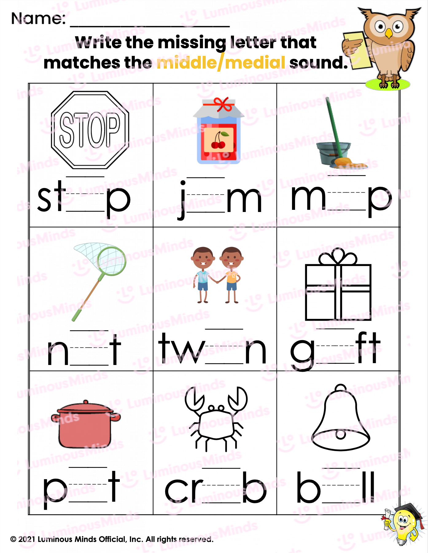 Middle/Medial Sound Worksheet 1 for FREE Printable Beginning Middle End Sounds Kindergarten Worksheets