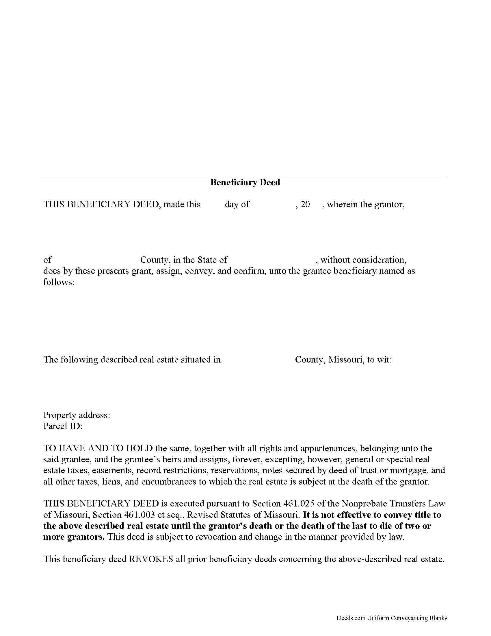 Missouri Beneficiary Deed | Deeds for Free Printable Beneficiary Deed Missouri