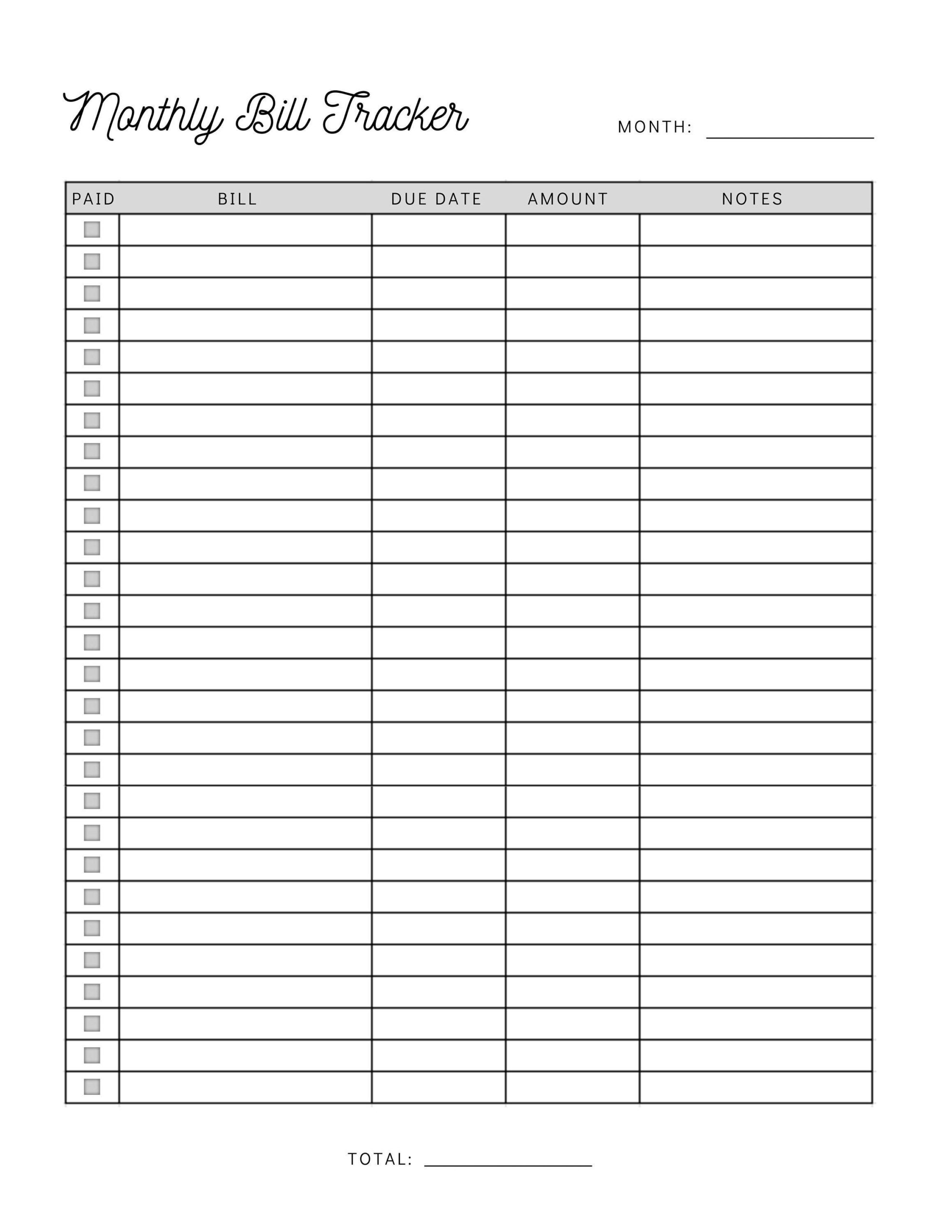 Monatliche Rechnung Zahlung Tracker Printable | Bill Pay throughout FREE Printable Bill Payment Log