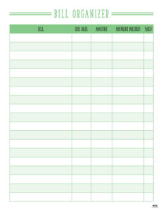 Monthly Bill Organizers - 18 Free Printables | Printabulls intended for Free Printable Bill Payment Organizer