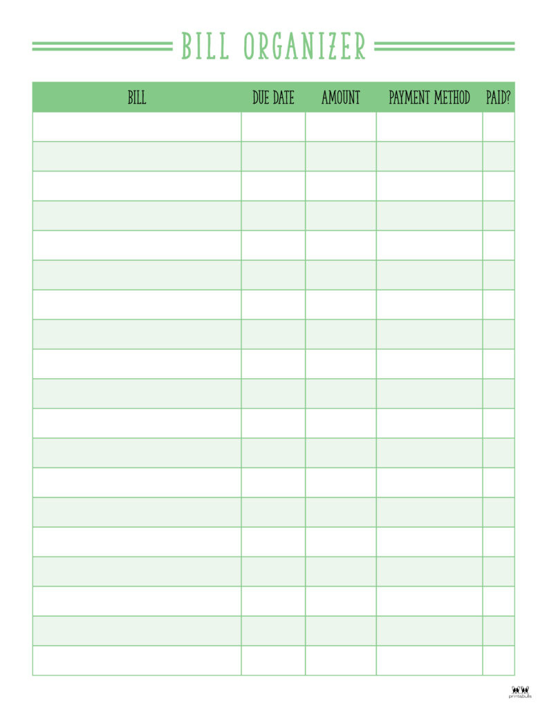 Monthly Bill Organizers - 18 Free Printables | Printabulls with FREE Printable Bill Payment Log