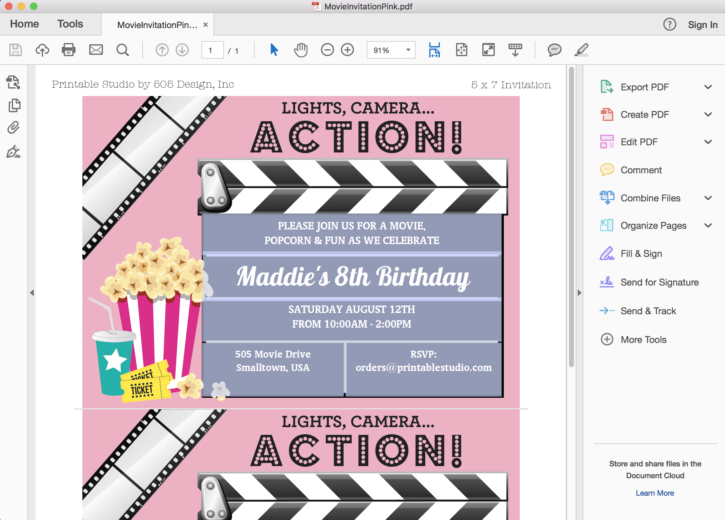 Movie Birthday Party Invitation In Pink pertaining to FREE Printable Birthday Invitations Movie Theme