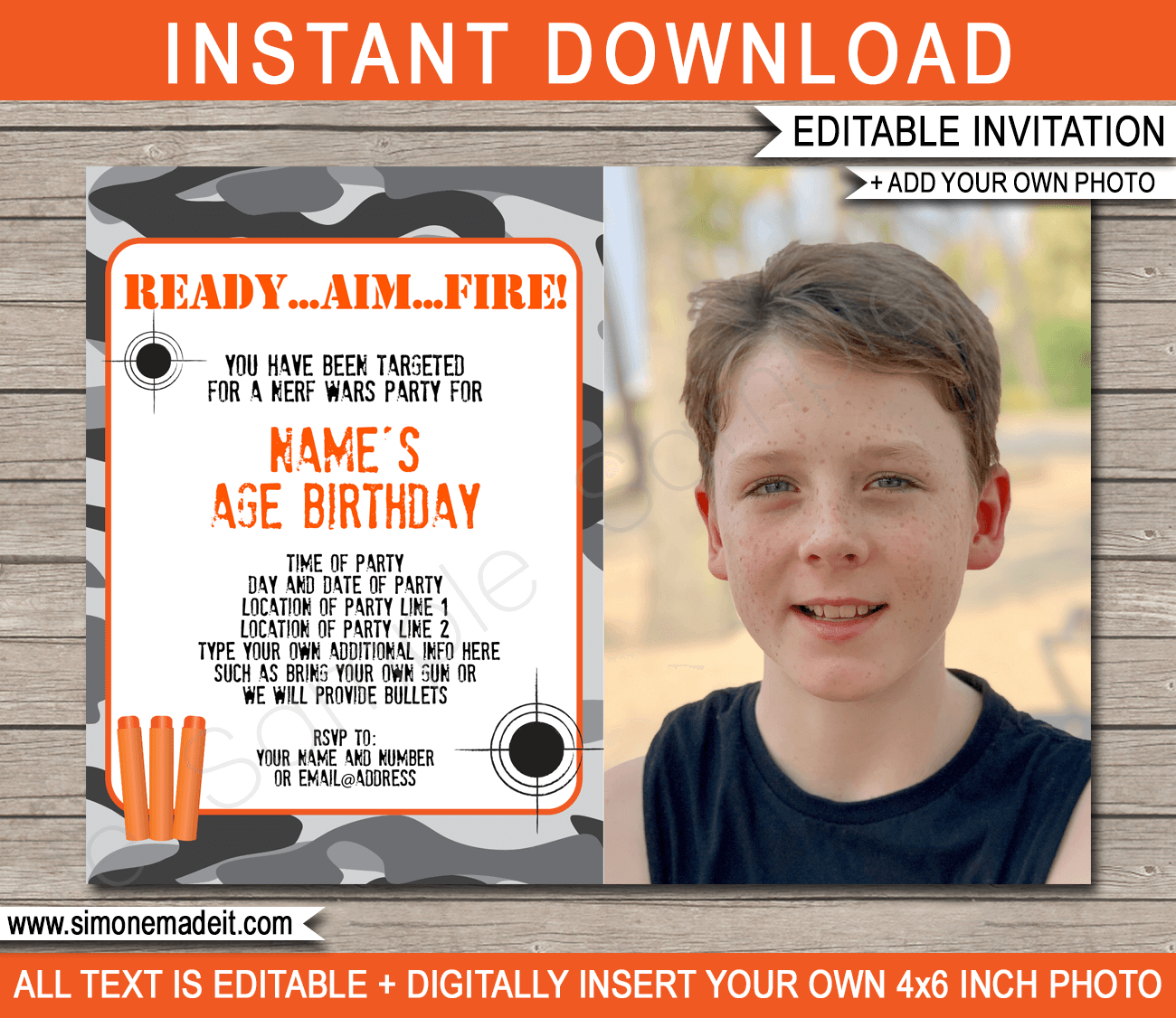 Nerf Photo Birthday Invitations Template - Gray Camo pertaining to FREE Printable Birthday Invitations with Photo Insert