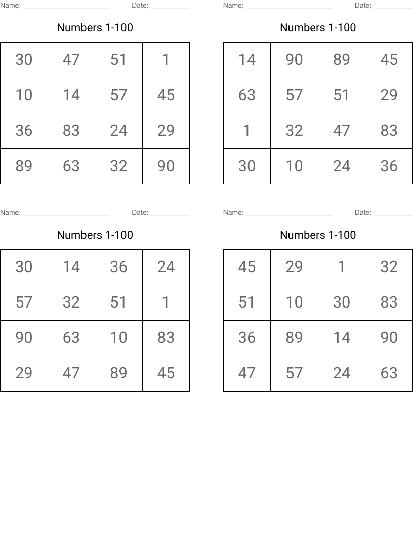 Numbers 1-100 Bingo Cards - Wordmint with regard to Free Printable Bingo Cards 1-100