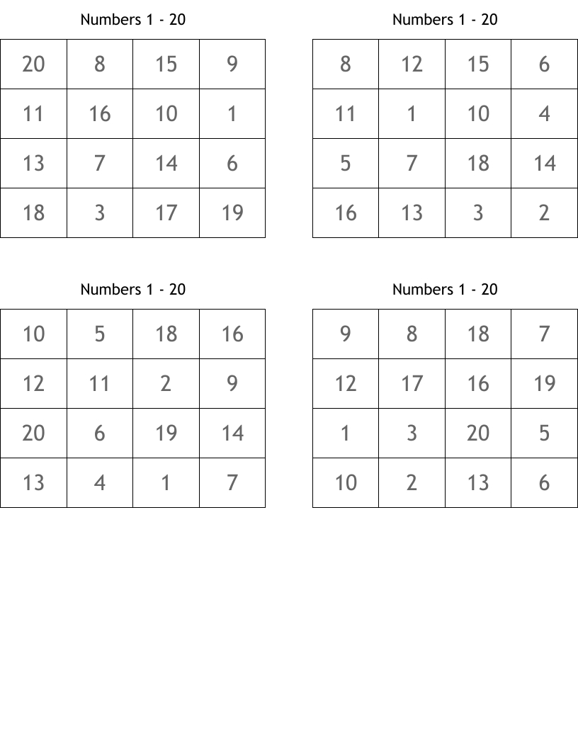 Numbers 1 - 20 Bingo Cards - Wordmint throughout Free Printable Bingo Cards Numbers 1-20