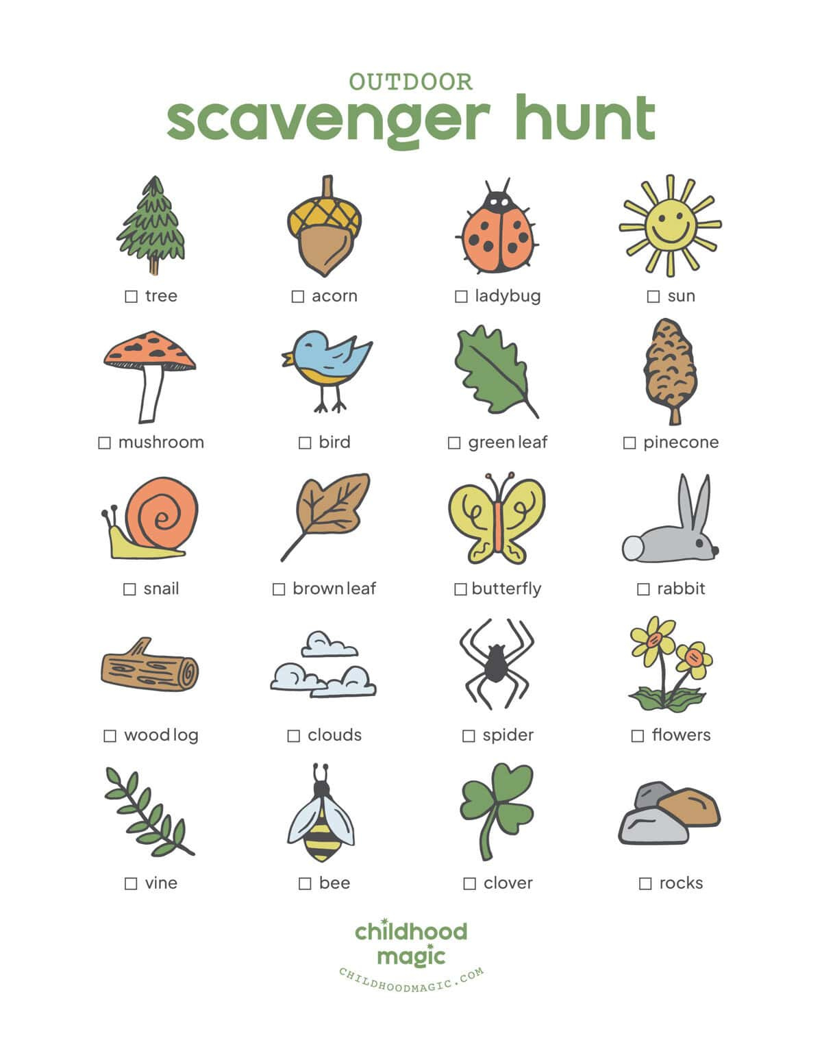 Outdoor Scavenger Hunt (Free Printable!) - Childhood Magic inside Free Printable Backyard Scavenger Hunt