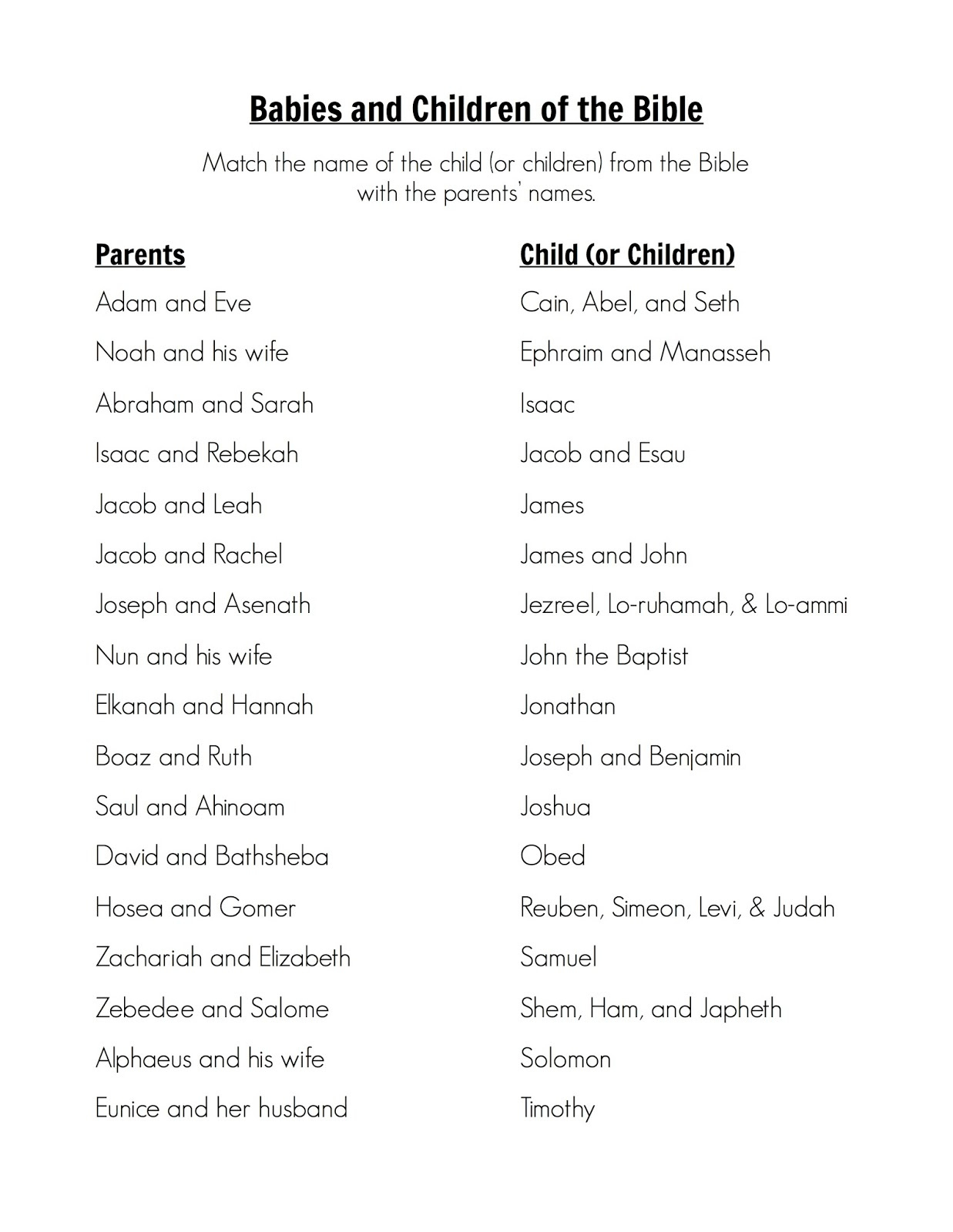 Parent/Child Matching Game inside FREE Printable Bible Matching Game