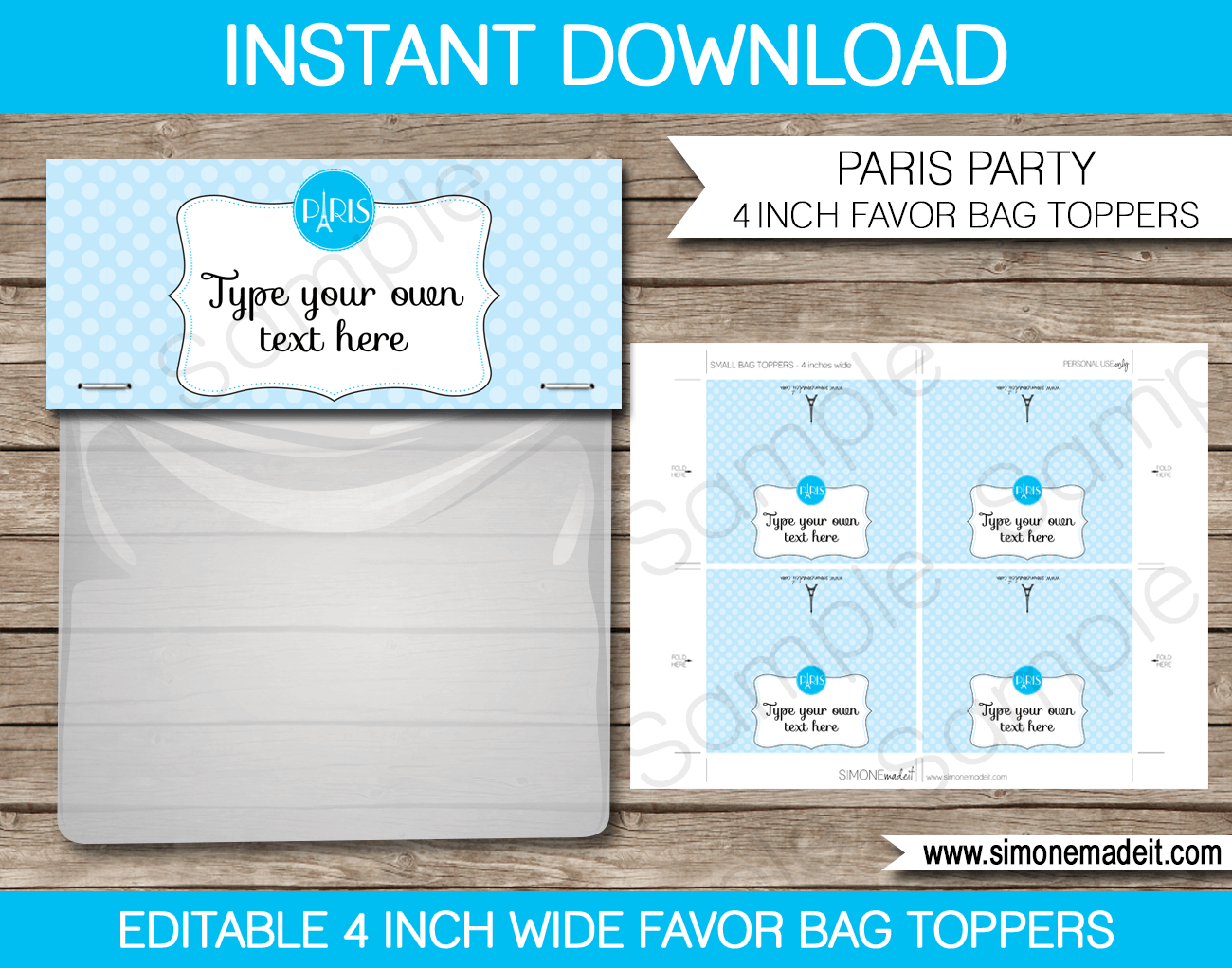 Paris Party Favor Bag Toppers Template - Blue regarding FREE Printable Bag Topper Template
