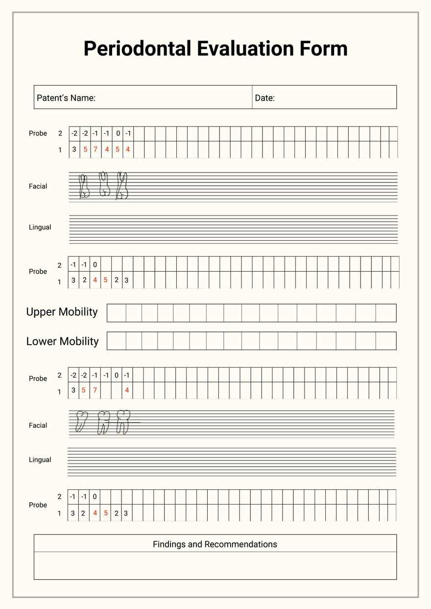 Periodontal Chart For Dentist Office In Illustrator, Pdf with FREE Printable Blank Perio Chart