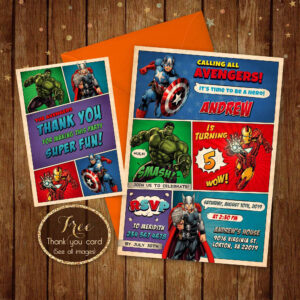 Personalized Avengers Invitation + Free Thank You Card intended for FREE Printable Avengers Thank You Cards