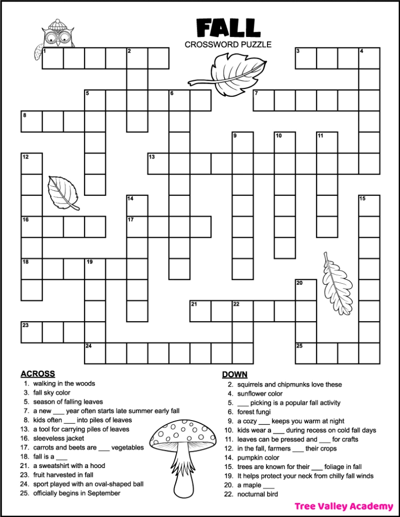 Printable 4Th Grade Fall Crossword Puzzle - Tree Valley Academy with FREE Printable Autumn Crossword Puzzles