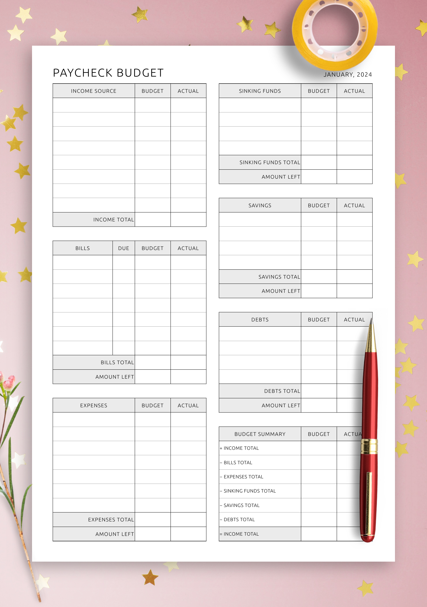 Printable And Digital Paycheck Budget Template - Download Pdf For inside FREE Printable Budget by Paycheck