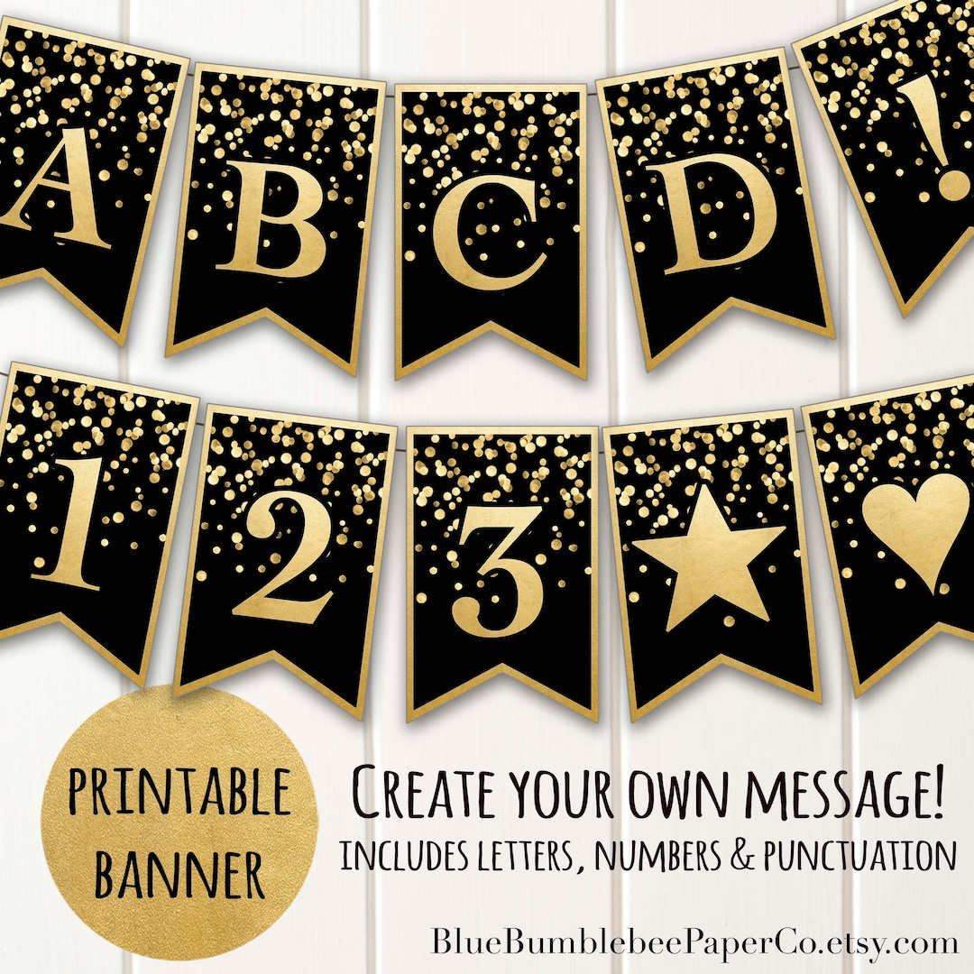 Printable Banner | Black Gold Confetti Glitter | Alphabet A-Z intended for Free Printable Banner Letters Black And Gold