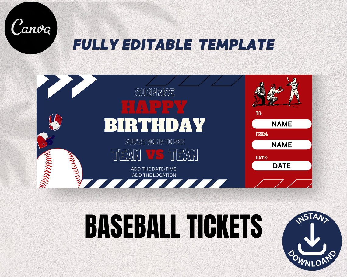 Printable Baseball Game Tickets, Instant Download, Editable regarding FREE Printable Baseball Ticket Birthday Invitations