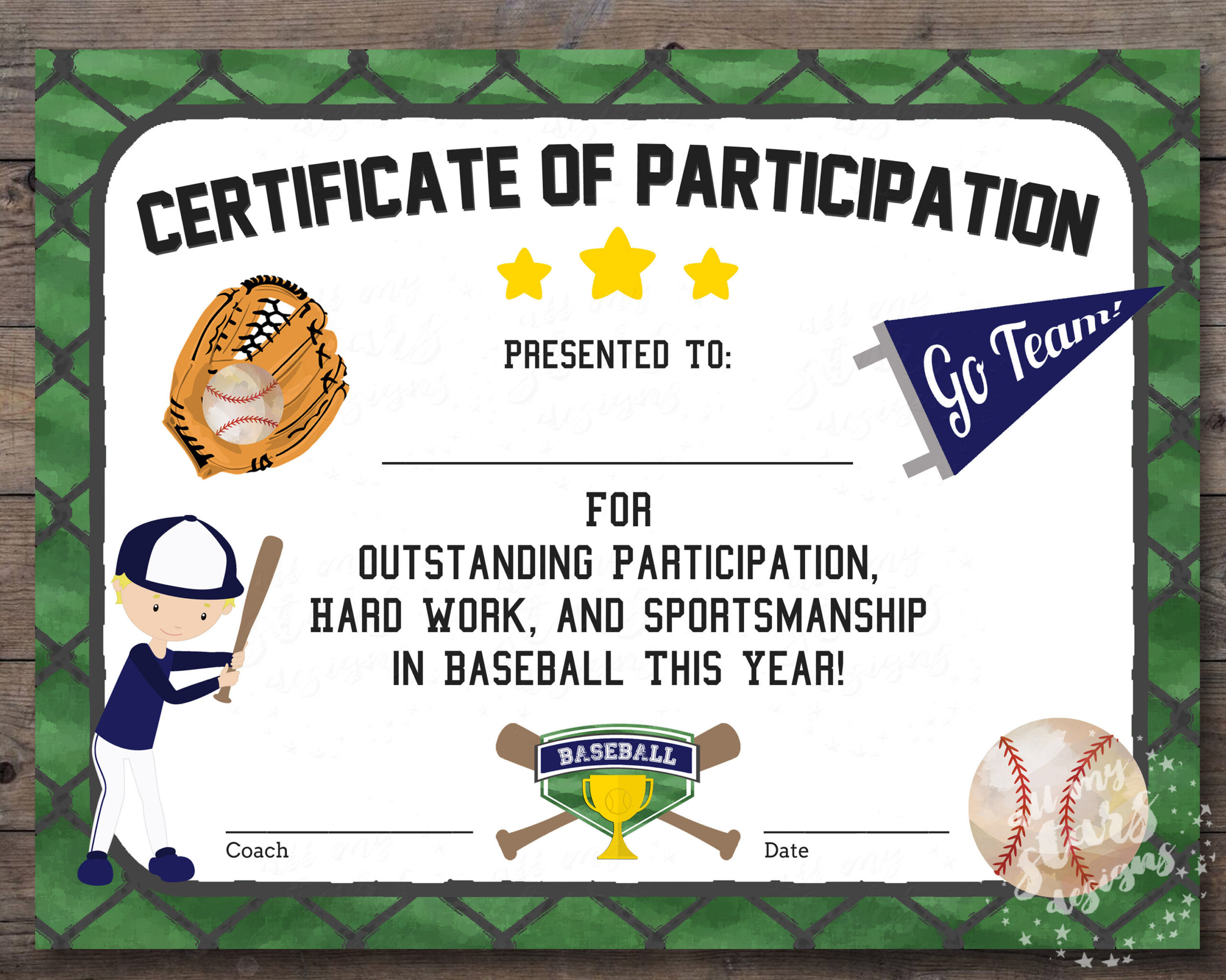 Printable Baseball Participation Certificate | Sports Award for Free Printable Baseball Award Certificates