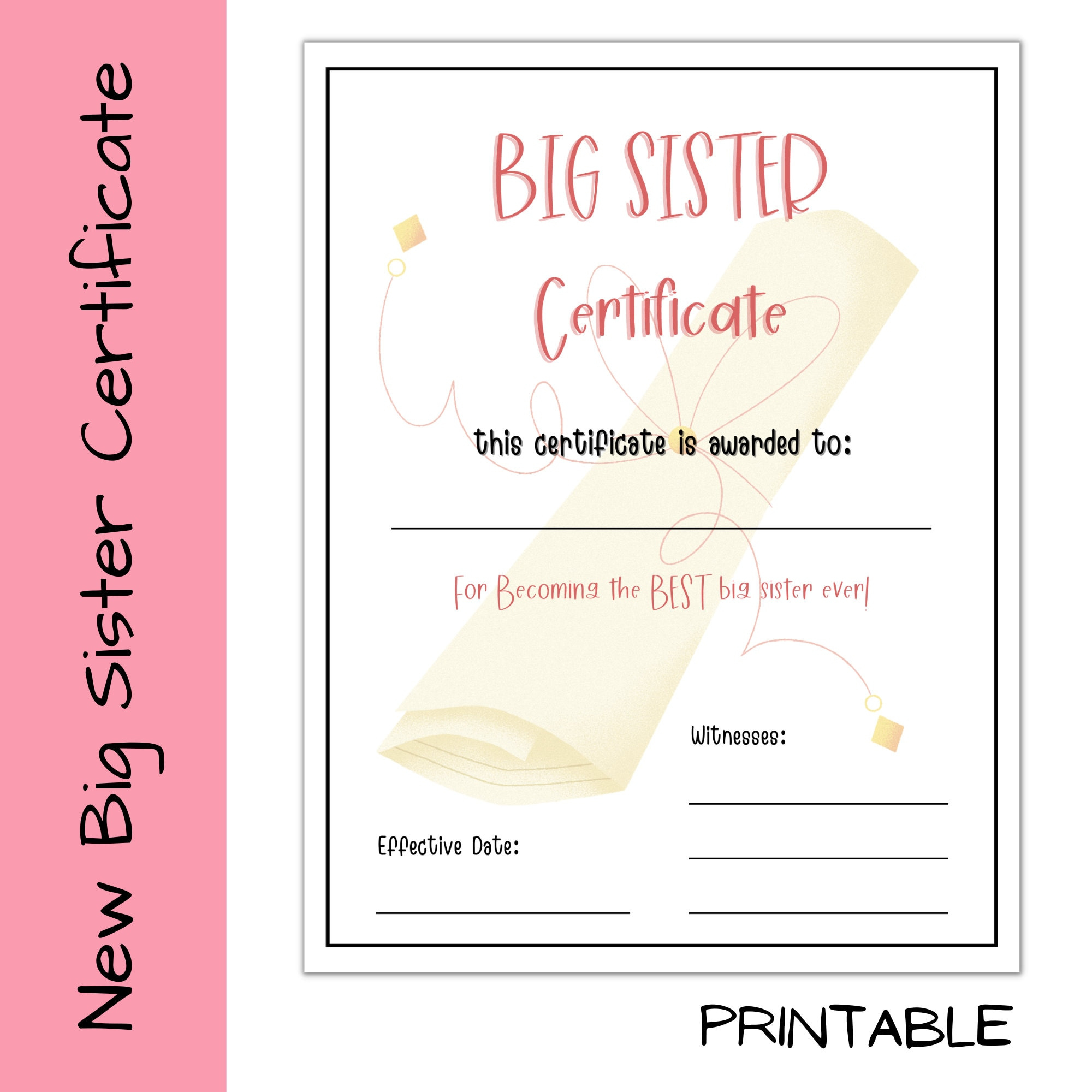 Printable Big Sister Certificate, Promoted To Big Sister Instant regarding Free Printable Big Sister Certificate