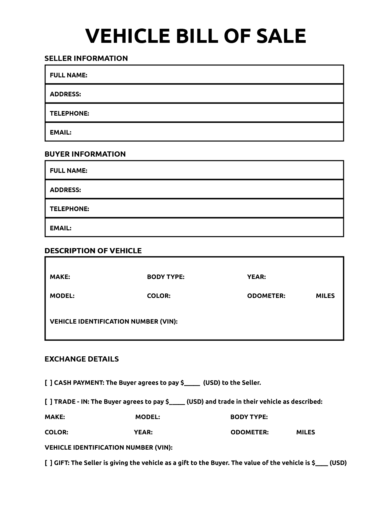 Printable Bill Of Sale For Vehicle - World Of Printables in FREE Printable Blank Auto Bill of Sale