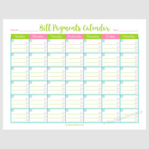 Printable Bill Payments Calendar for Free Printable Bill Payment Calendar