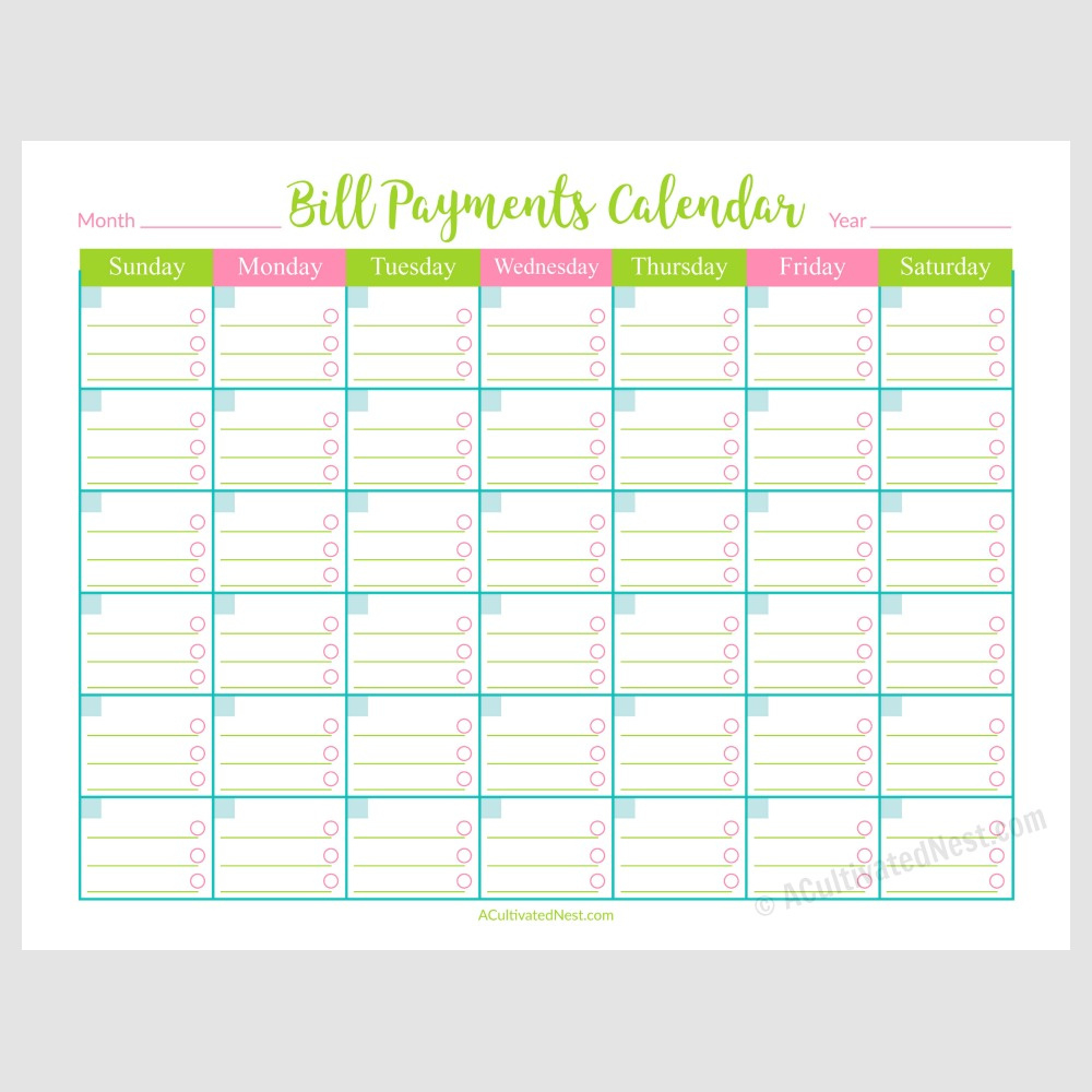 Printable Bill Payments Calendar intended for FREE Printable Bill Paying Calendar