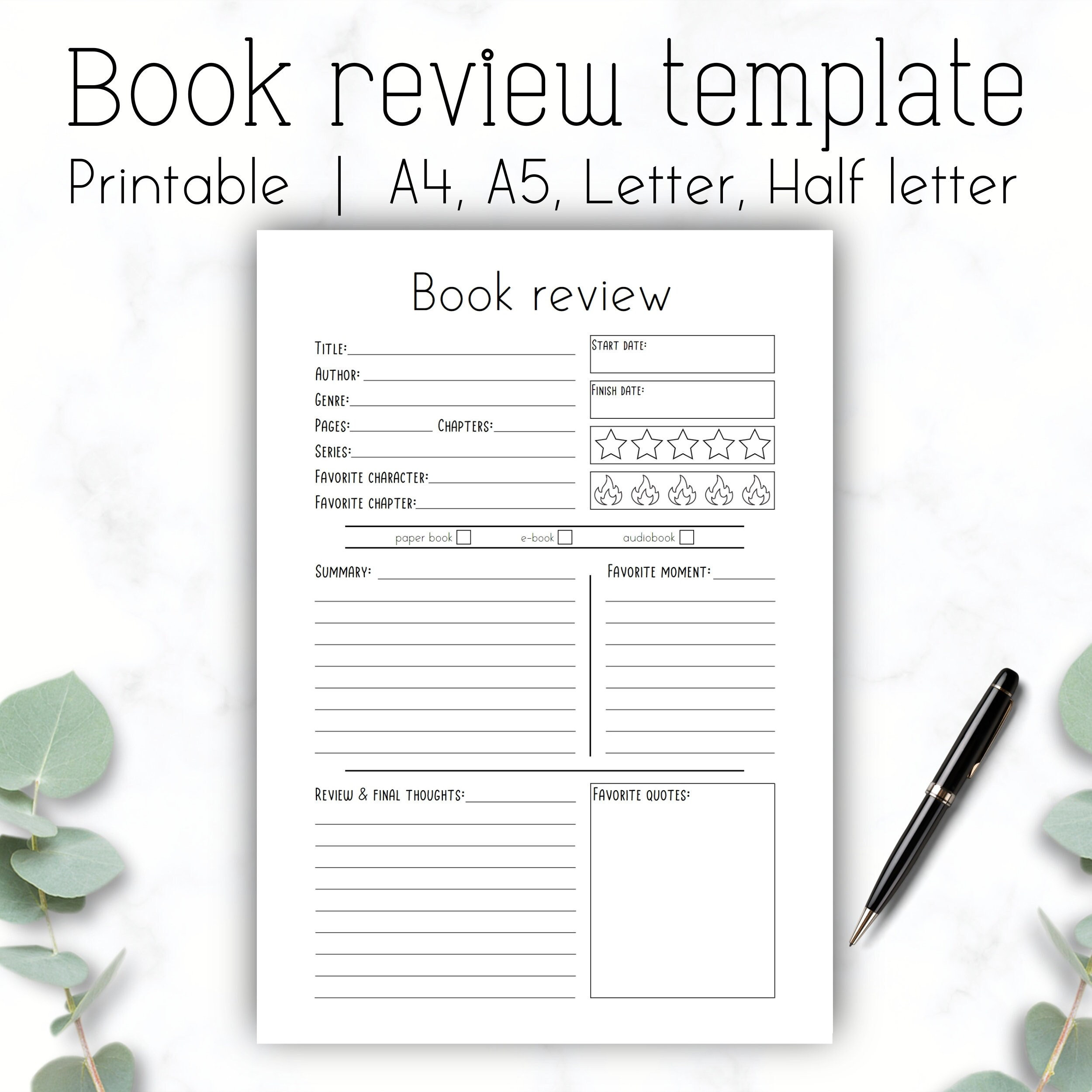 Printable Book Review Template: Reading Log (A4, A5, Letter, Half with regard to FREE Printable Book Review Template
