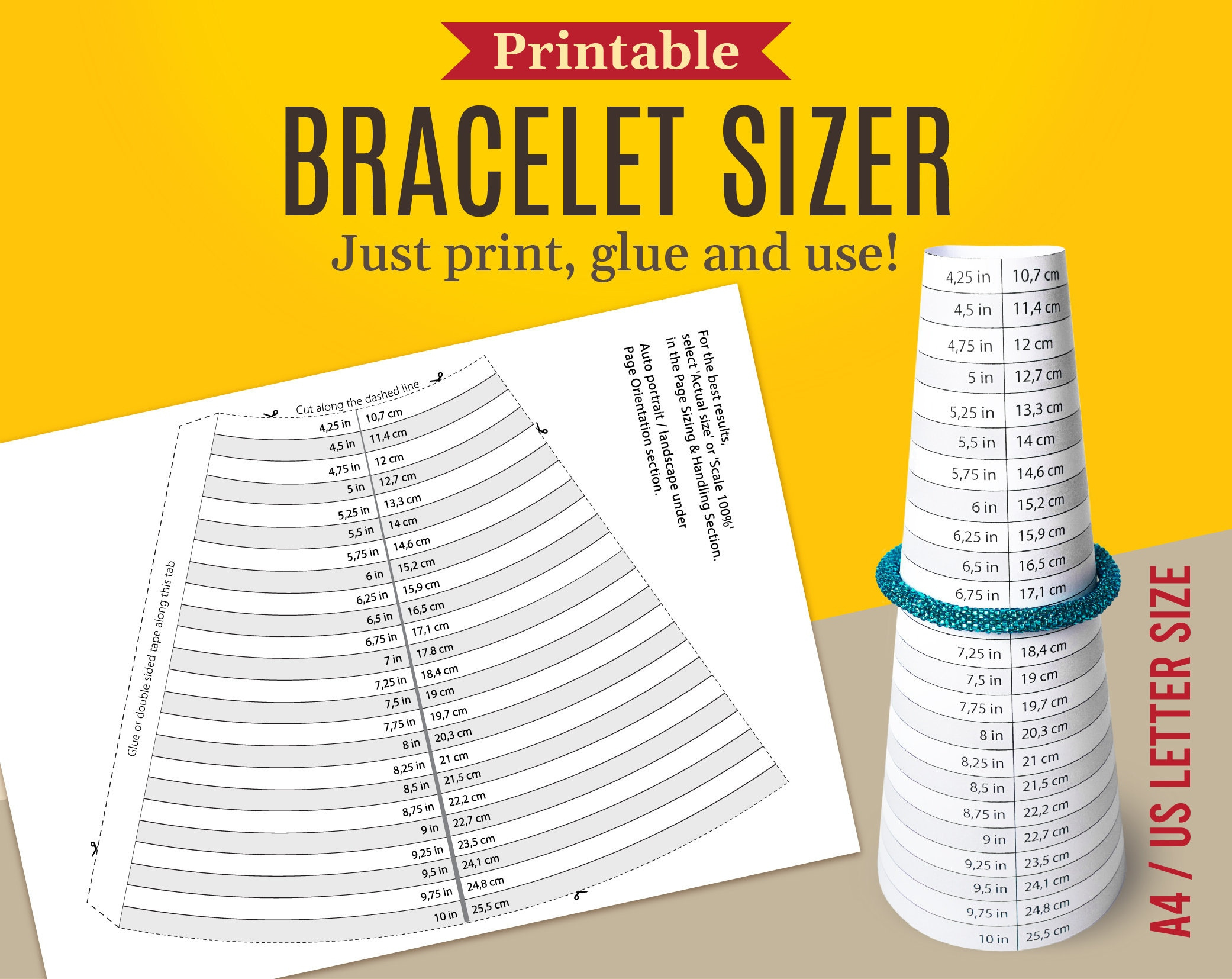 Printable Bracelet Sizer, Printable Bracelet Mandrel, Bracelet with FREE Printable Bracelet Sizer Cone