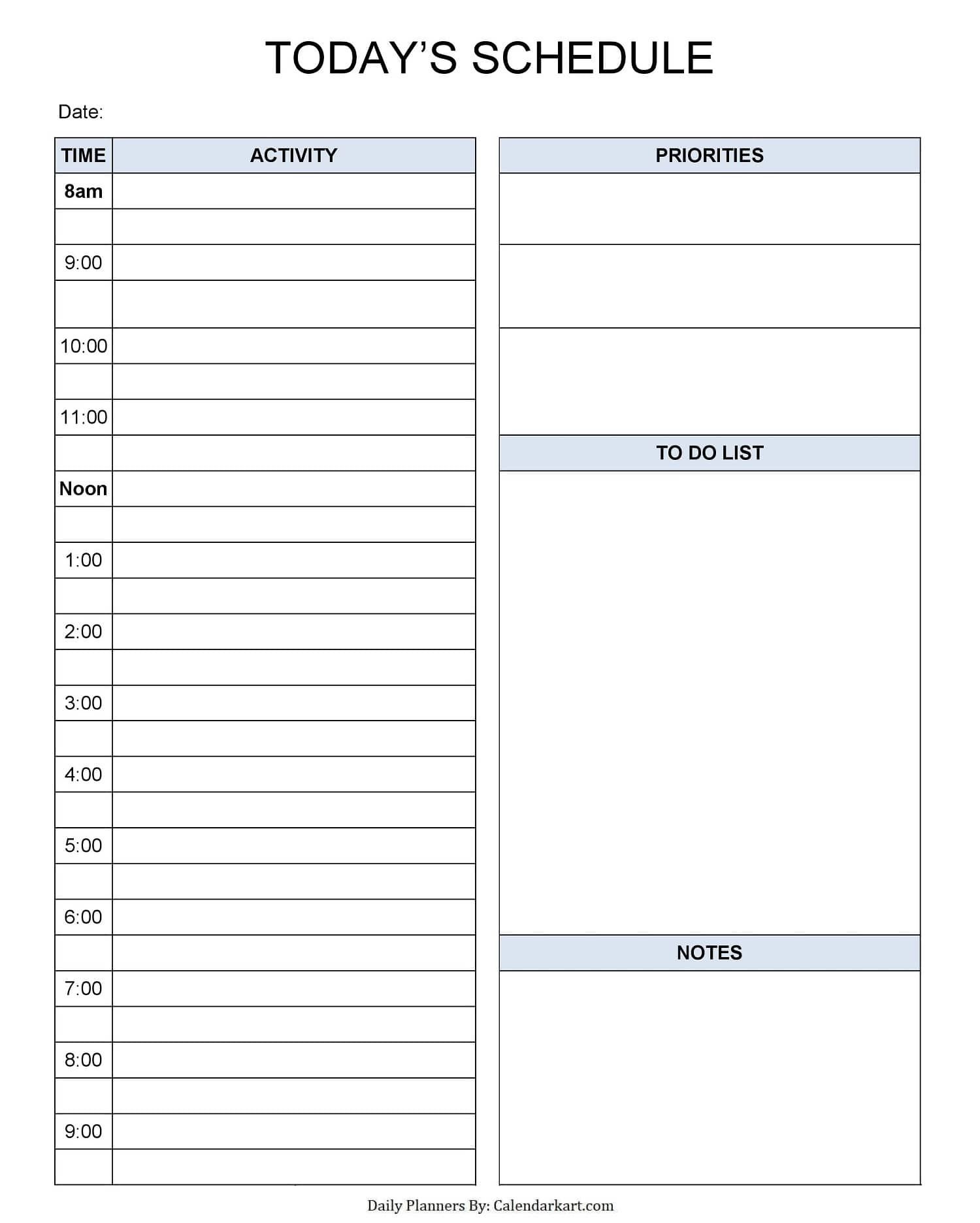 Printable Daily Planner Template | Calendarkart within Free Printable Blank Daily Calendar