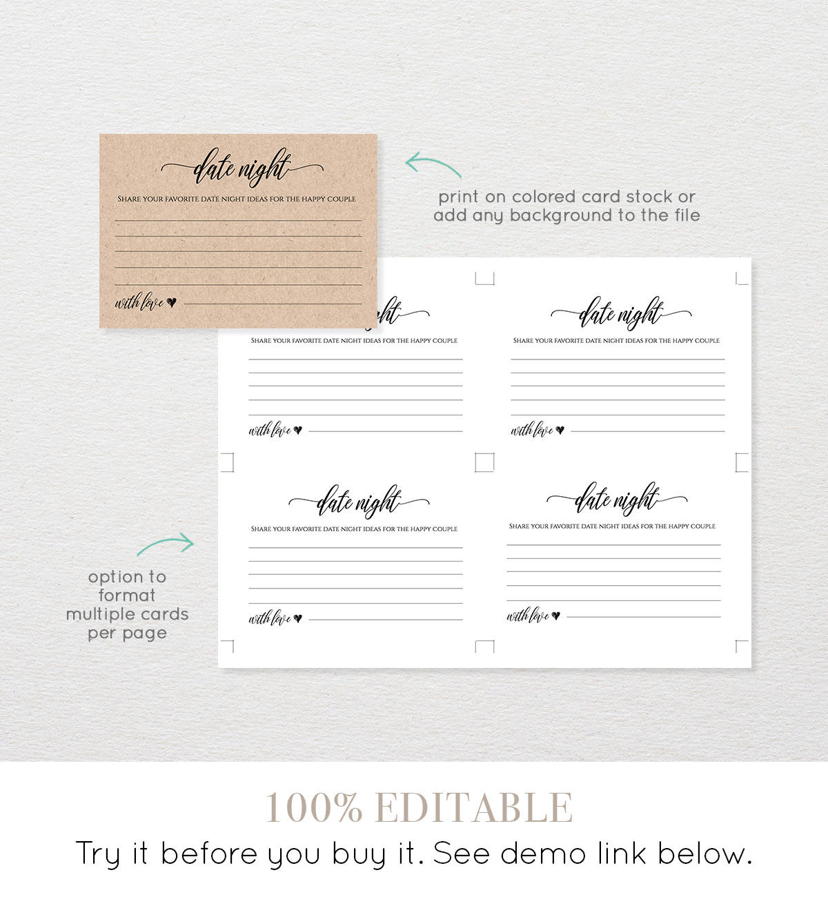 Printable Date Night Idea Card, Diy Wedding Advice Template pertaining to Free Printable Blank Date Night Cards