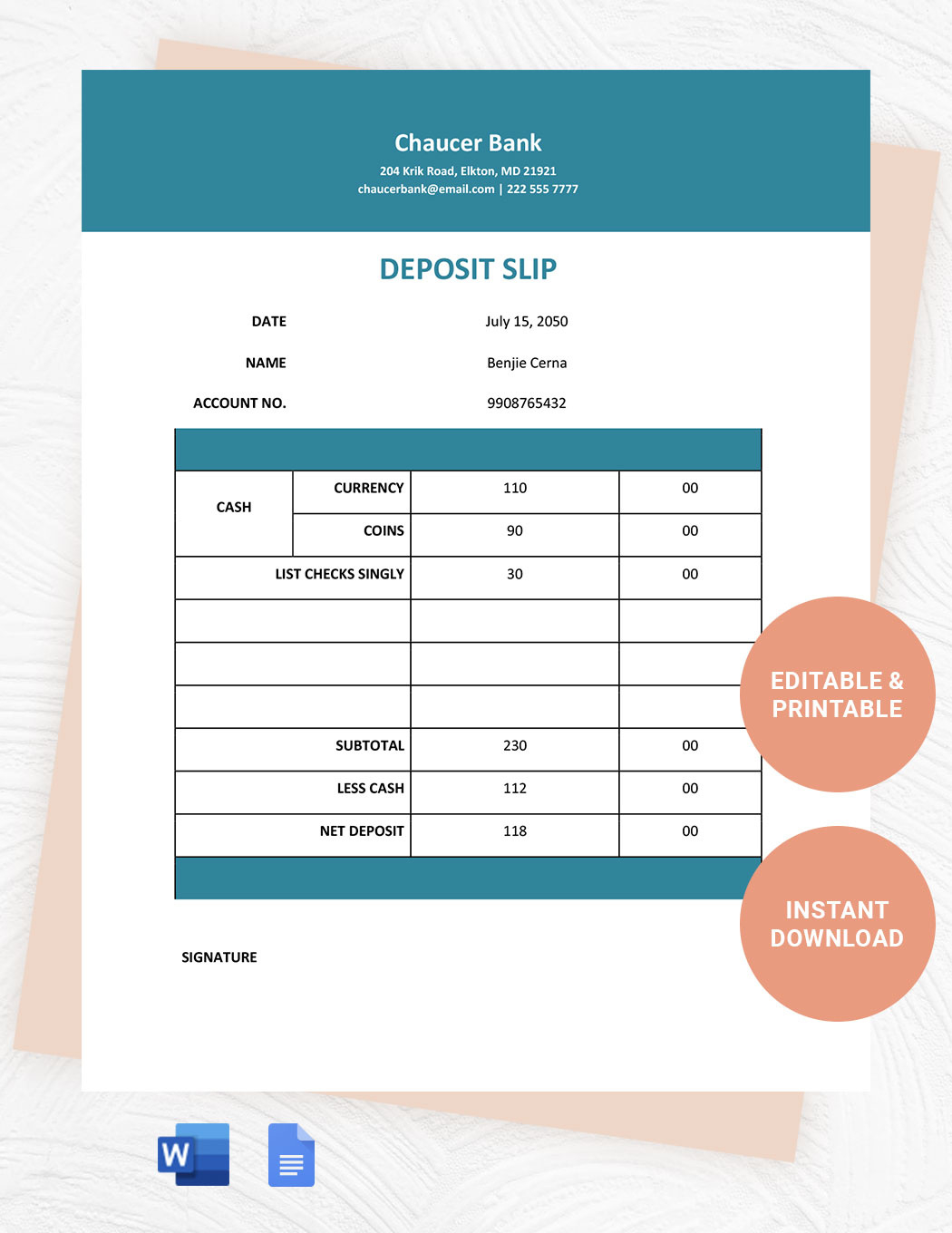 Printable Deposit Slip Template In Word, Google Docs - Download pertaining to Free Printable Bank Deposit Slip Template