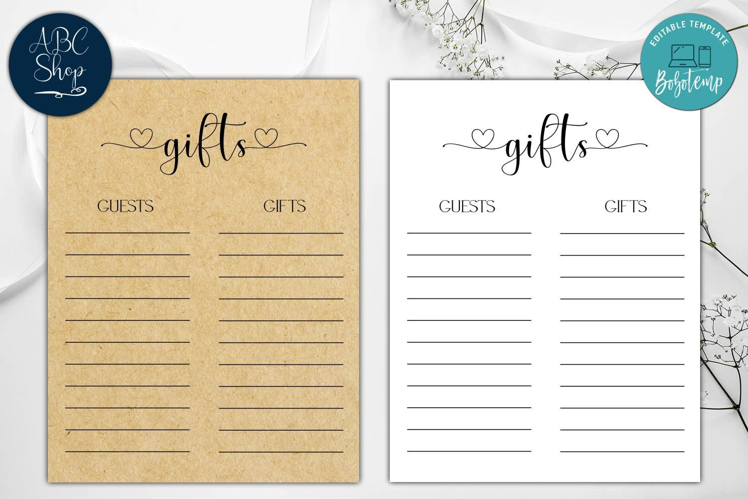 Printable Gift List Bridal Shower Game Instant Download | Bobotemp for FREE Printable Bridal Shower Gift List