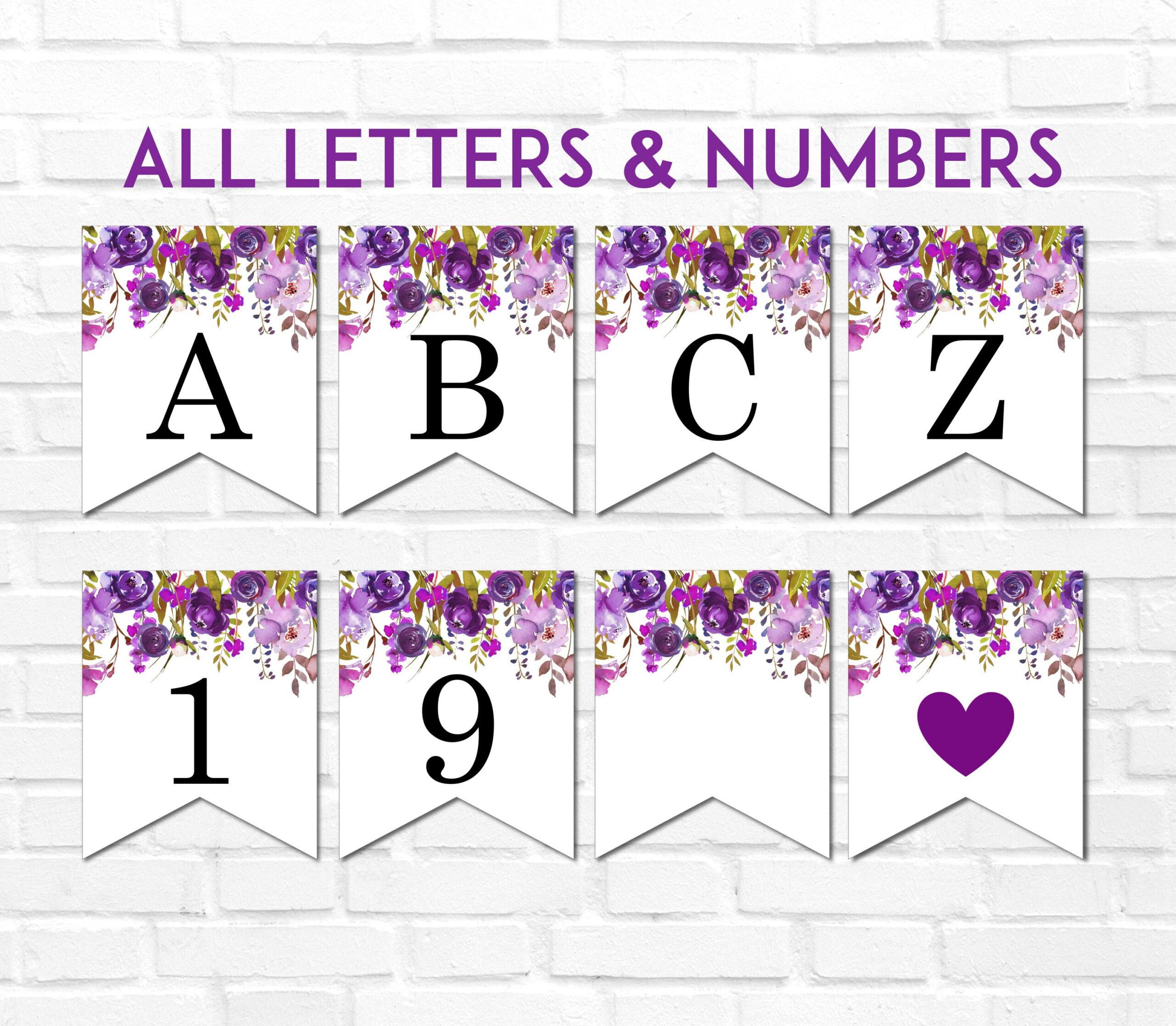 Purple Floral Printable Banner Alphabet A-Z &amp;amp; Numbers Boho Flowers in Free Printable Banner Letters Purple