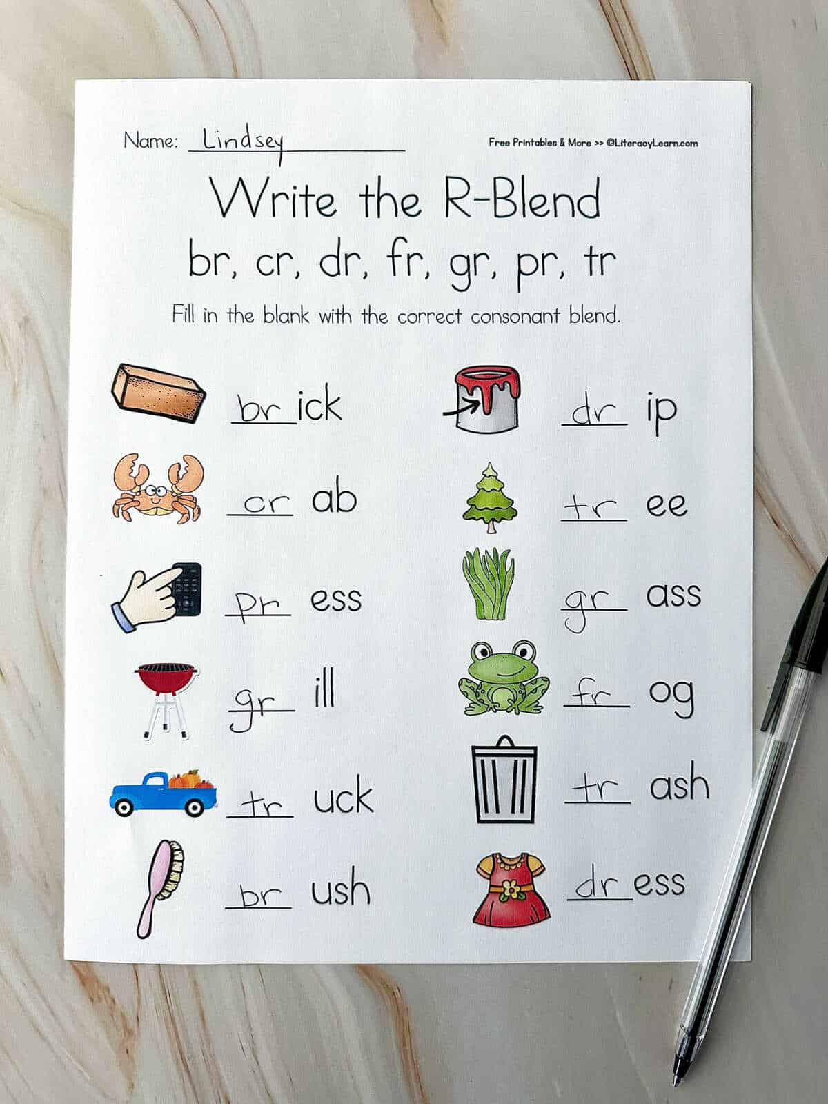 R Blends Words And Worksheets (5 Free Printables) - Literacy Learn in Free Printable Blending Words Worksheets