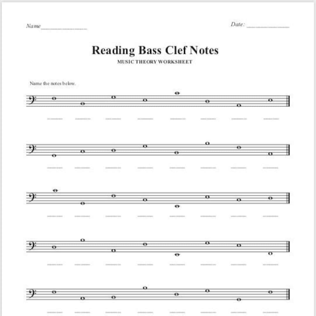 Reading Bass Clef Notes — Printable Music Theory Worksheet - Etsy for Free Printable Bass Clef Worksheets