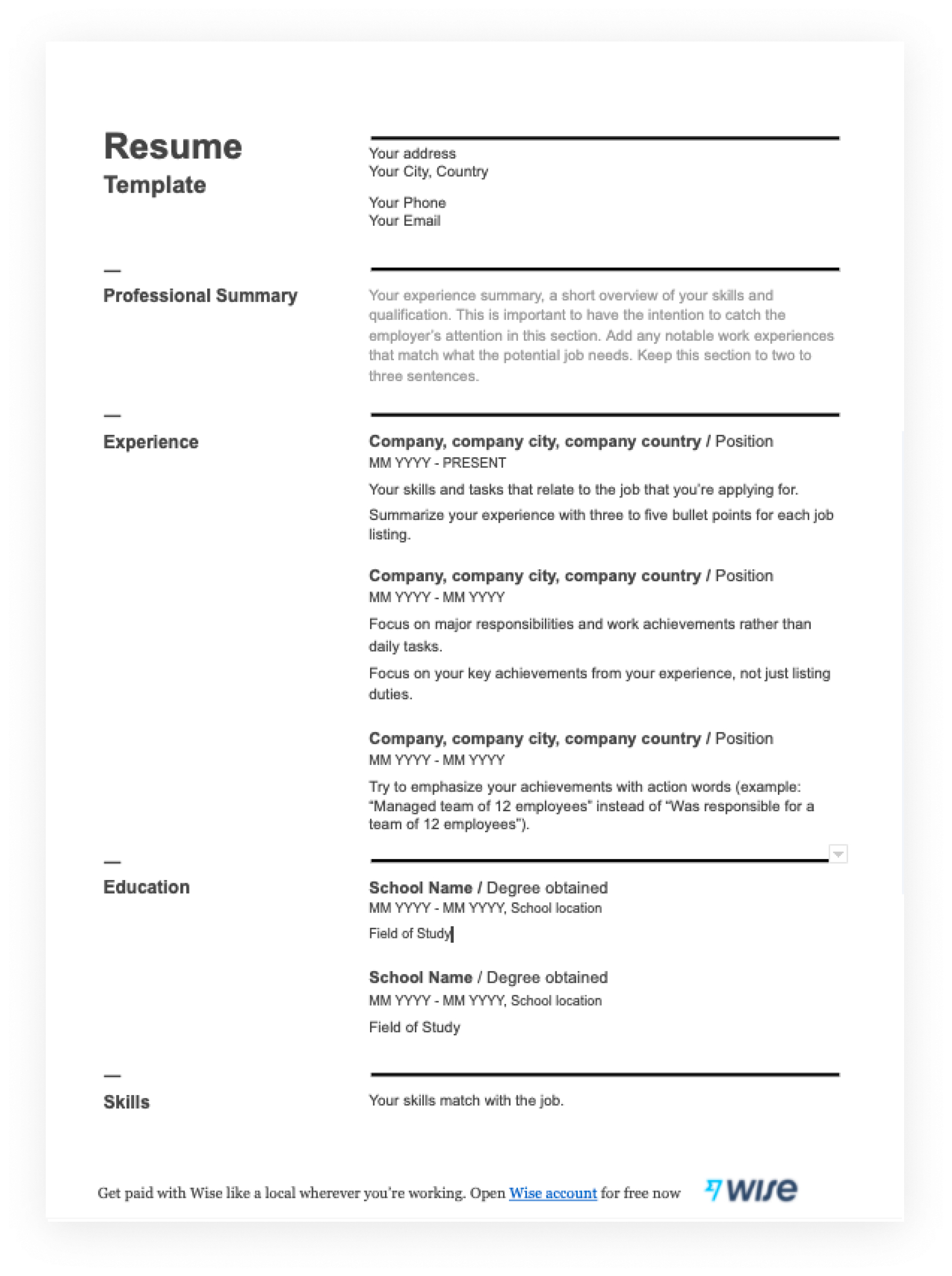 Resume Templates In Pdf - Free For Download&amp;lt;!-- --&amp;gt; - Wise for FREE Printable Basic Resume Template