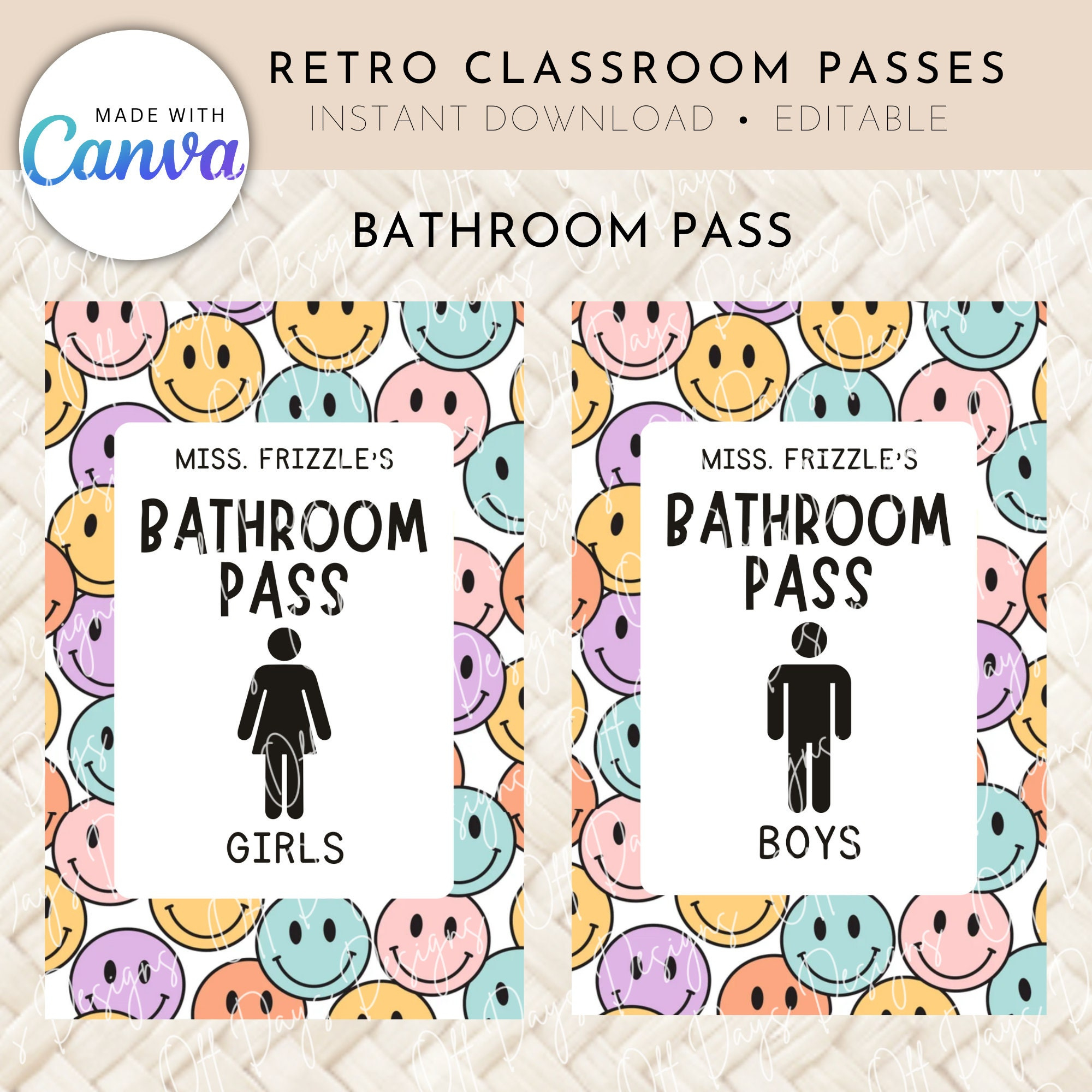 Retro Theme Classroom Bathroom/Hall Passes For Teachers, Canva inside Free Printable Bathroom Pass Template