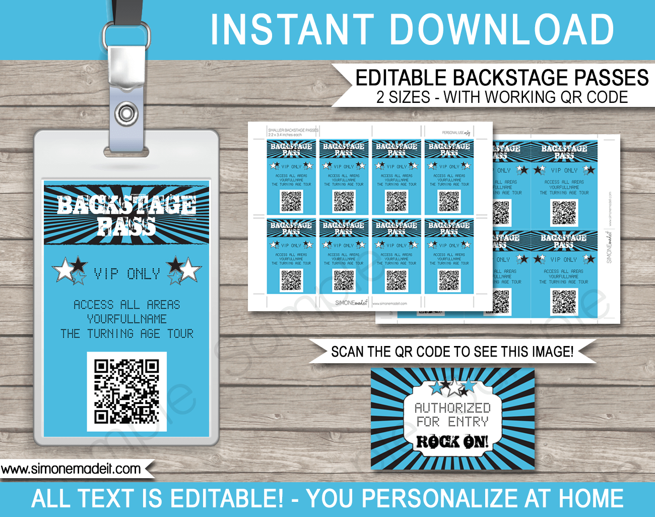 Rockstar Birthday Party Backstage Passes Template - Blue for FREE Printable Backstage Pass Template