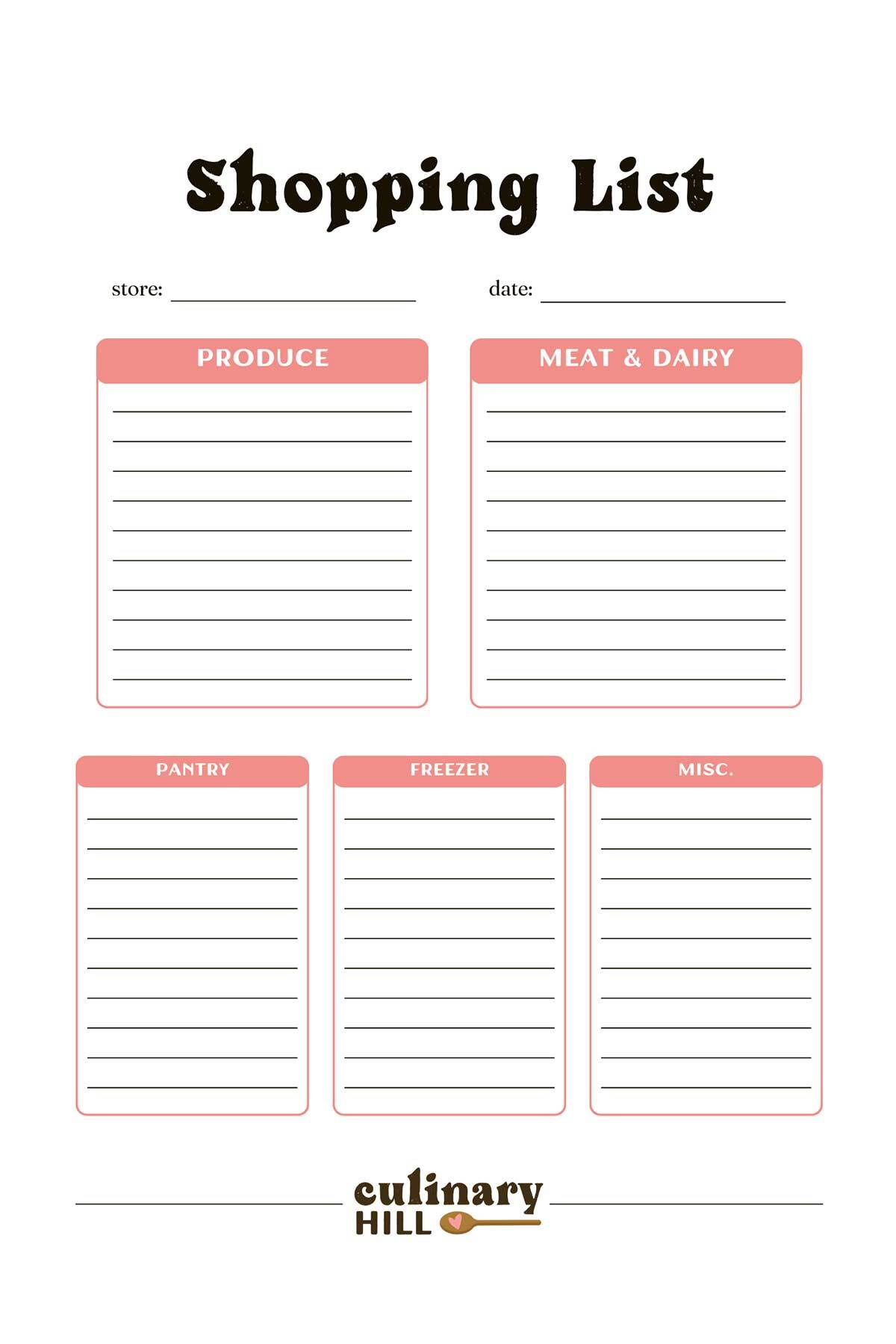 Shopping List Template - Culinary Hill with FREE Printable Blank Grocery Shopping List