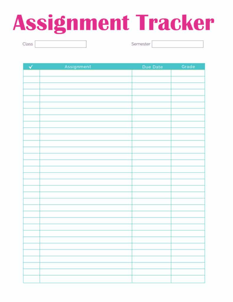 Student Assignment Tracker Template Printable in Free Printable Assignment Sheets For Students
