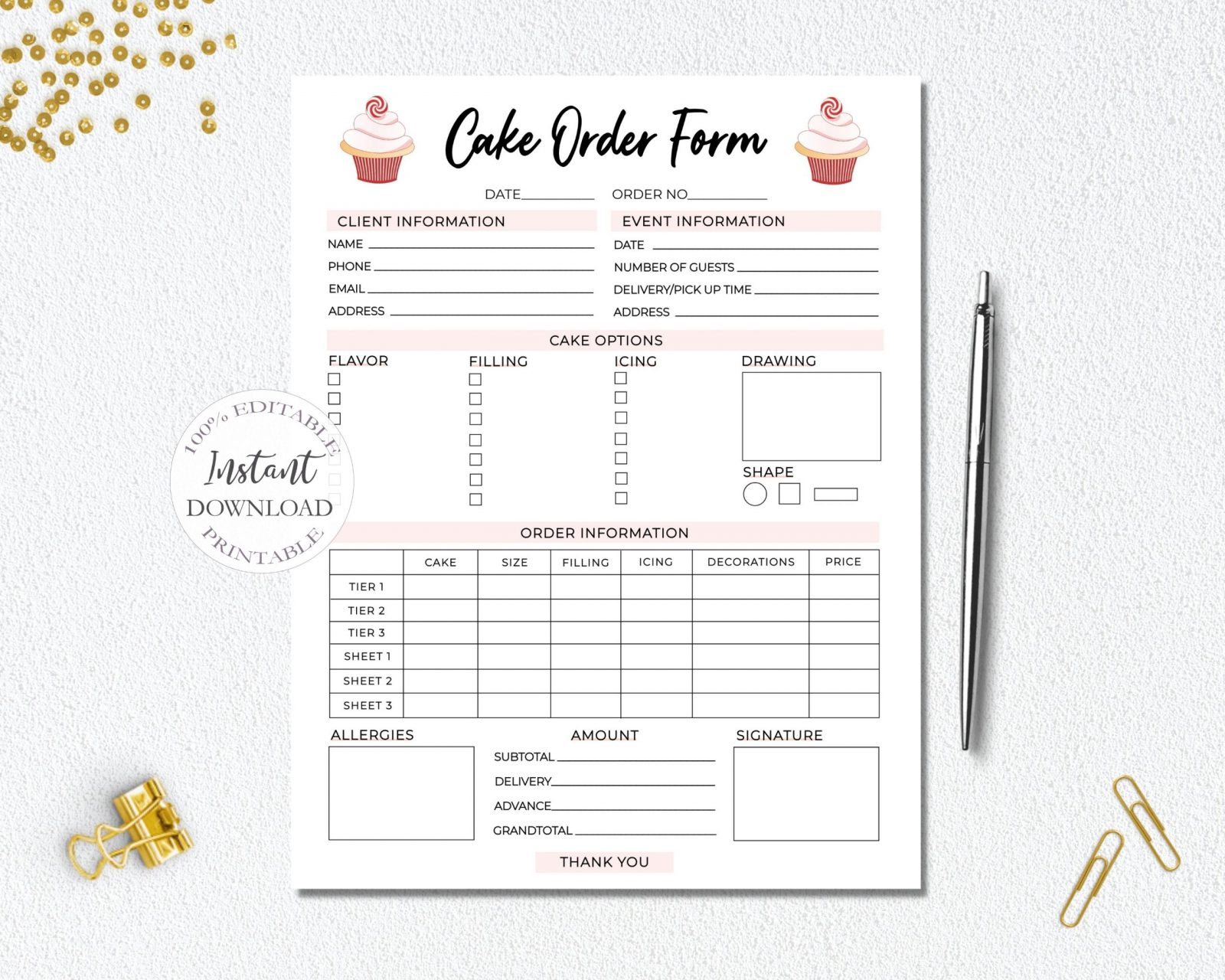 Sunrayart Designs - Custom Order Form Template, Editable Forms for FREE Printable Bakery Order Forms