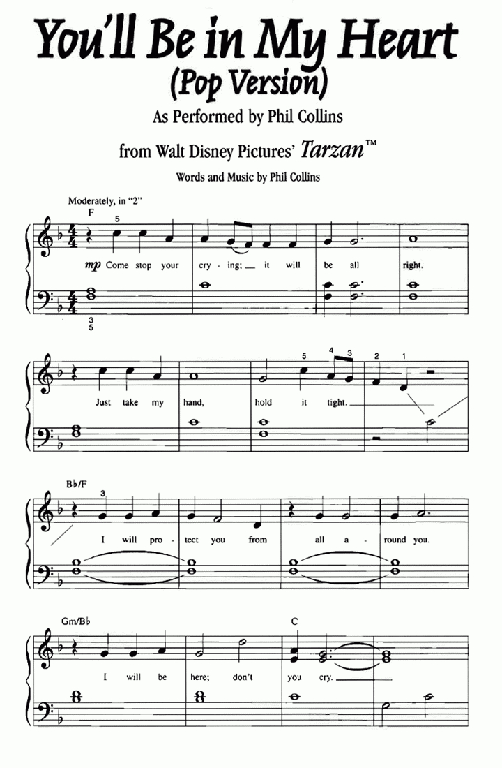 Tarzan You&amp;#039;Ll Be In My Heart Easy Piano Sheet Music | Easy Sheet Music with Free Printable Beginner Piano Music