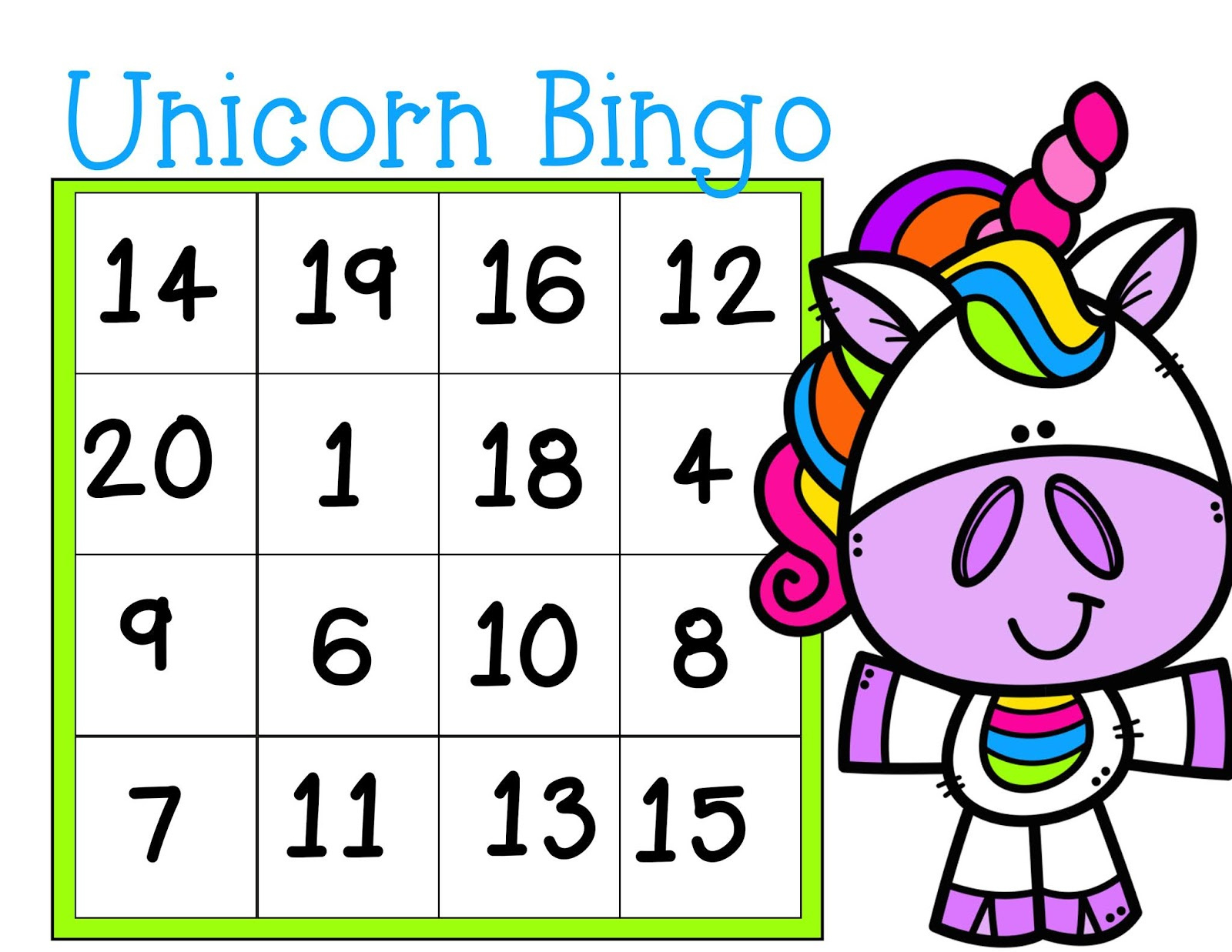 The Cozy Red Cottage: Free Unicorn Bingo (Numbers 1-20) within FREE Printable Bingo Cards Numbers 1-20