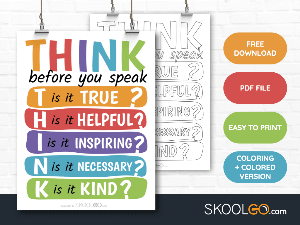 Think Before You Speak - Free Classroom Poster - Skoolgo for FREE Printable Before You Speak Think Printable
