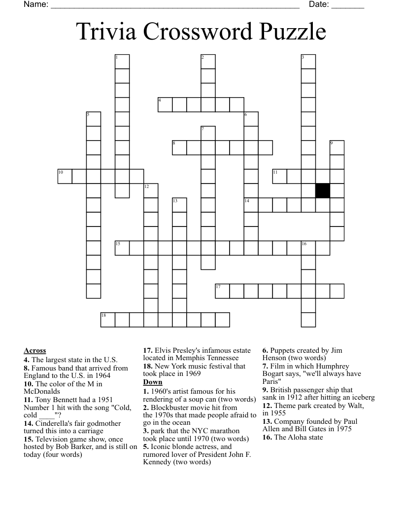 Trivia Crossword Puzzle - Wordmint with regard to FREE Printable Blockbuster Crossword Puzzles